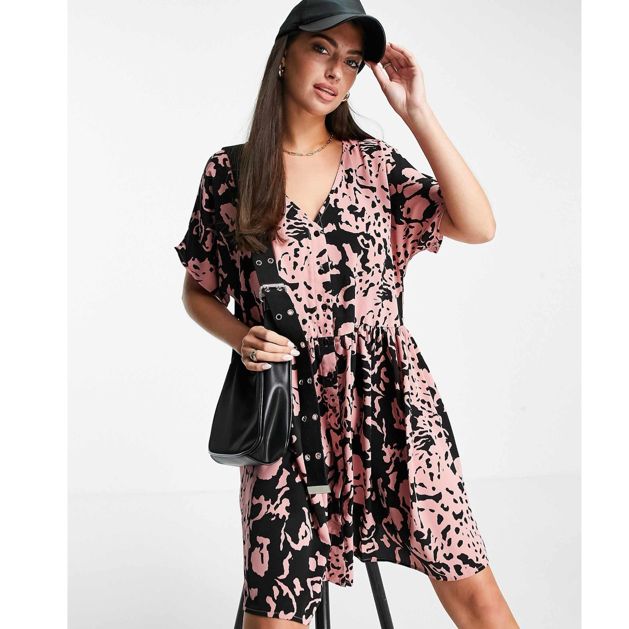 Urban Threads Oversized Button Front Dress in Pink Abstract