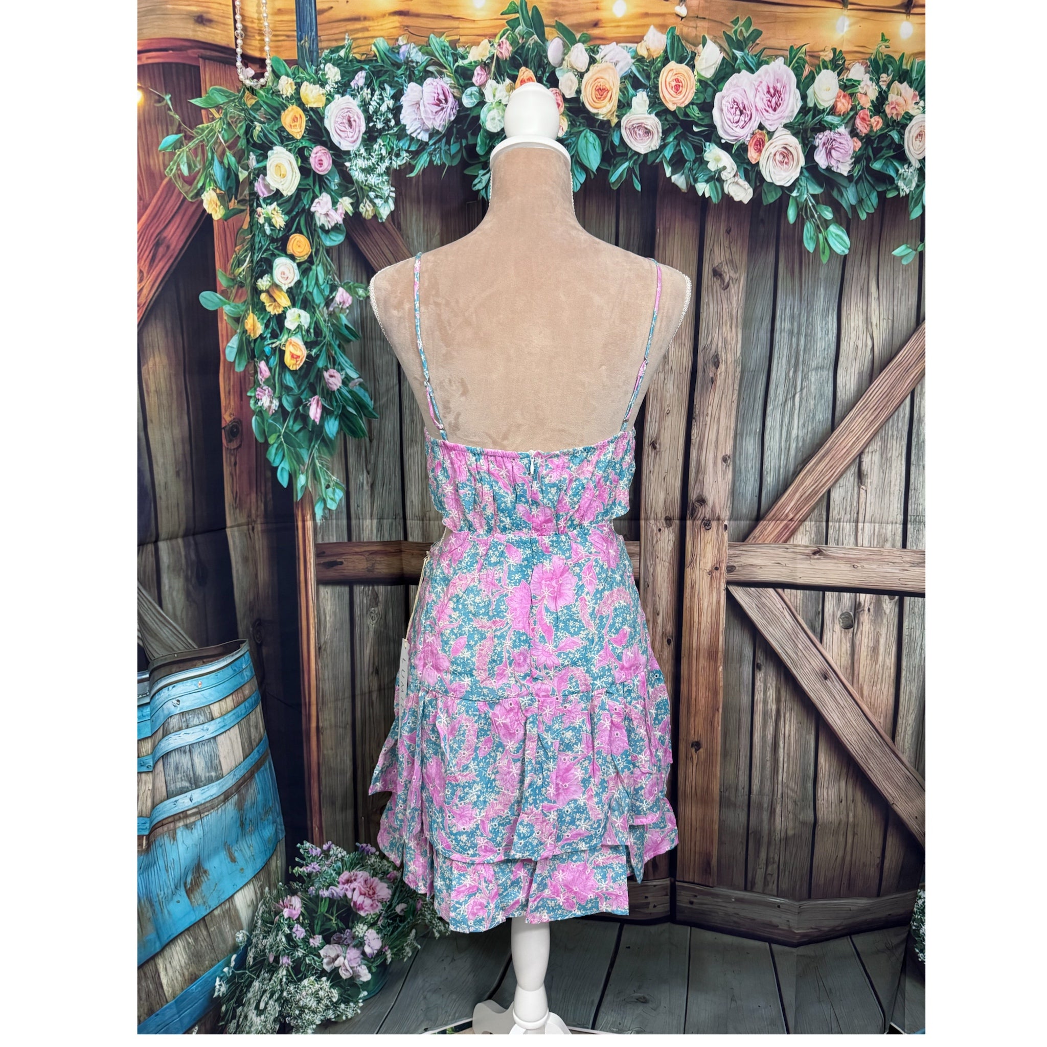 Lumiere Coastal Pink & Blue Embroidered Floral Tiered Mini Dress Ruffle