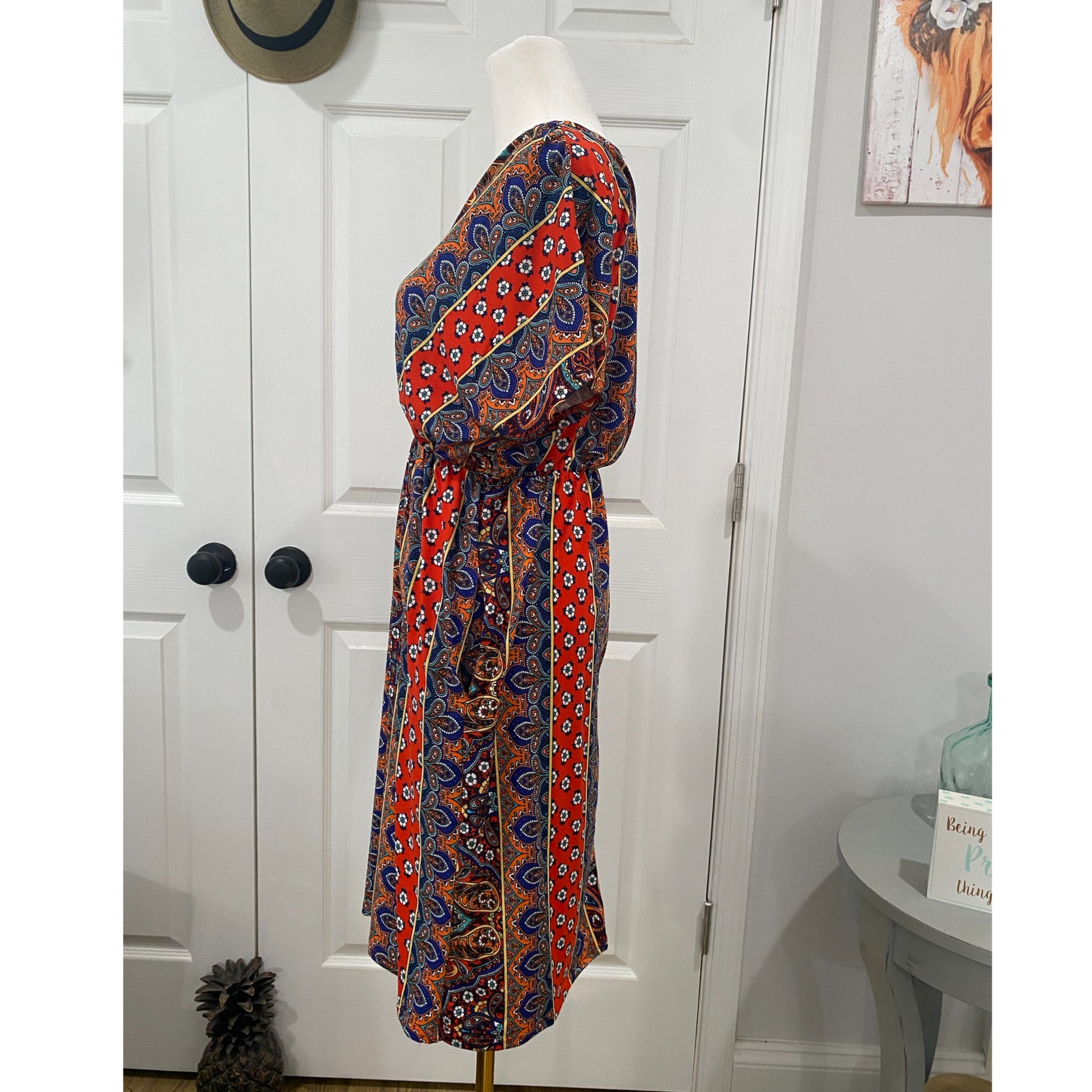 HAPTICS By HOLLY HARPER Sunset Orange Boho Paisley Surplice V Neck Pocketed Dress - East Coast Bella LLC