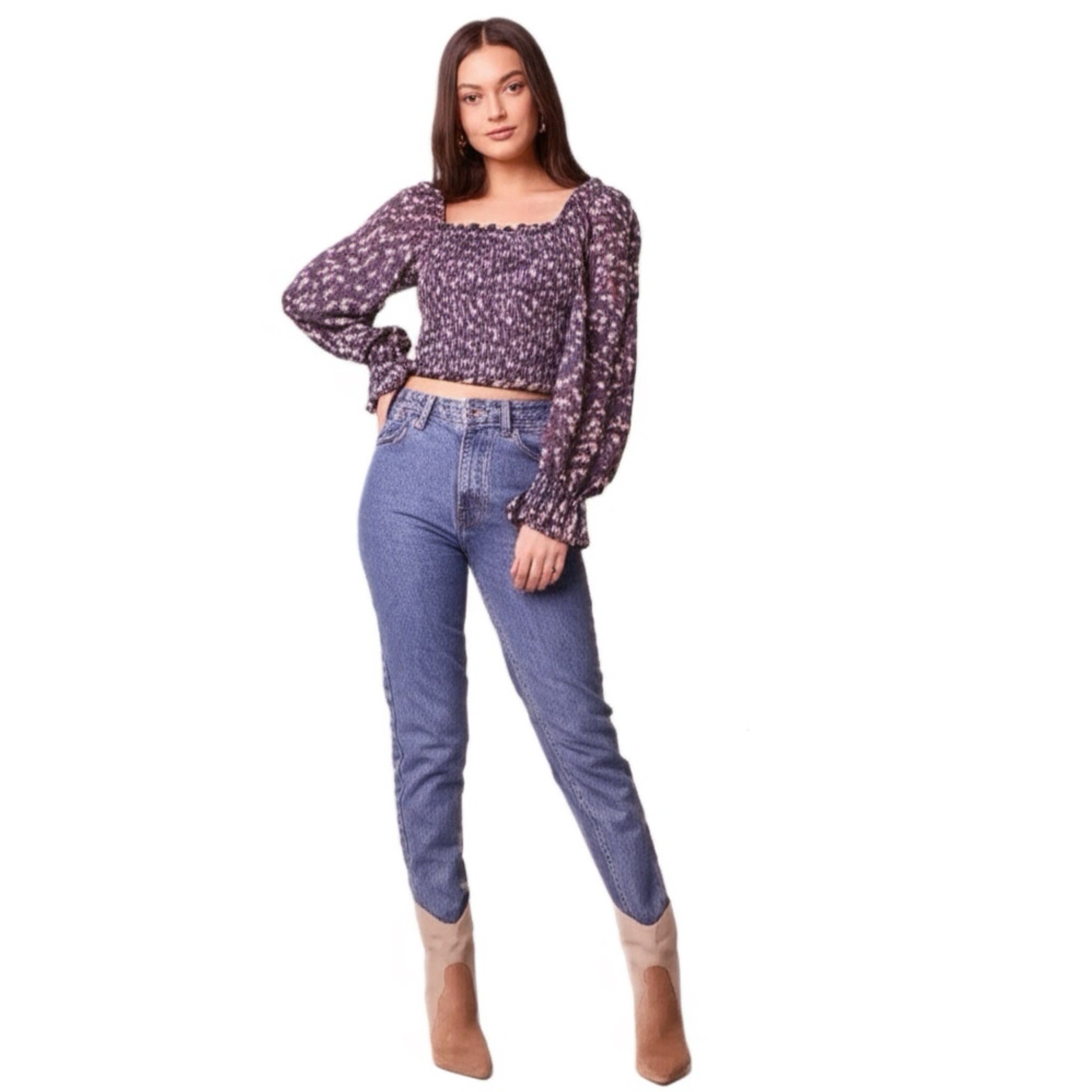 BAND OF THE FREE Cropped Purple Floral Smocked Long Sleeve Blouse