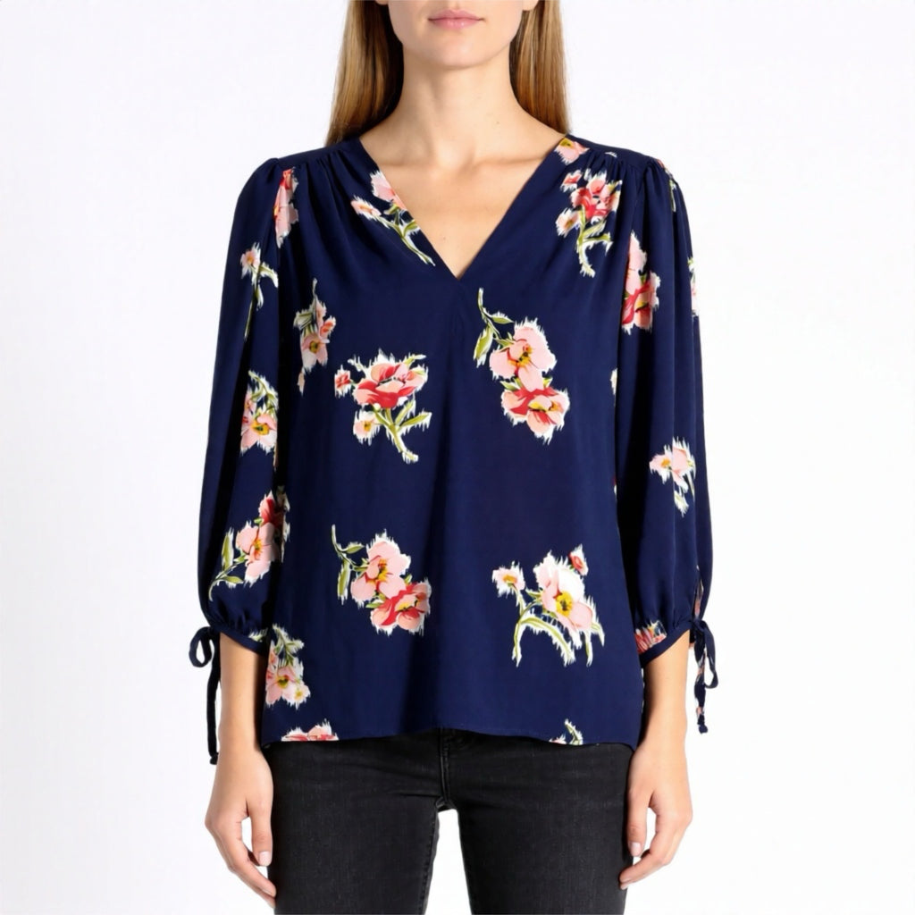 Renee C. Blue Floral Blouse 3/4 Sleeve Top