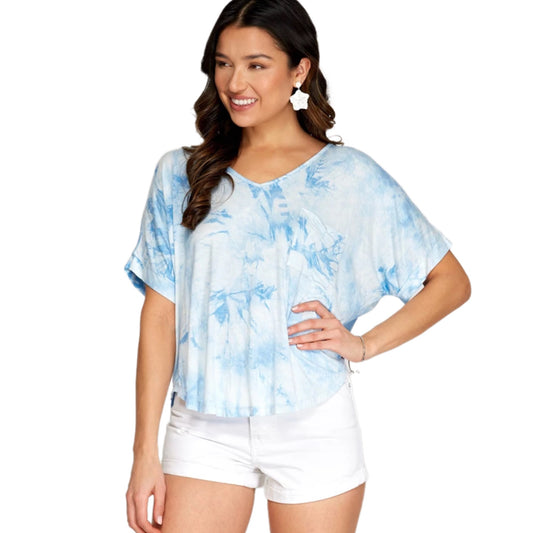 She + Sky Drop Shoulder V Neck Tie Dye Knit Top Blue Short Sleeve (S, M, L)