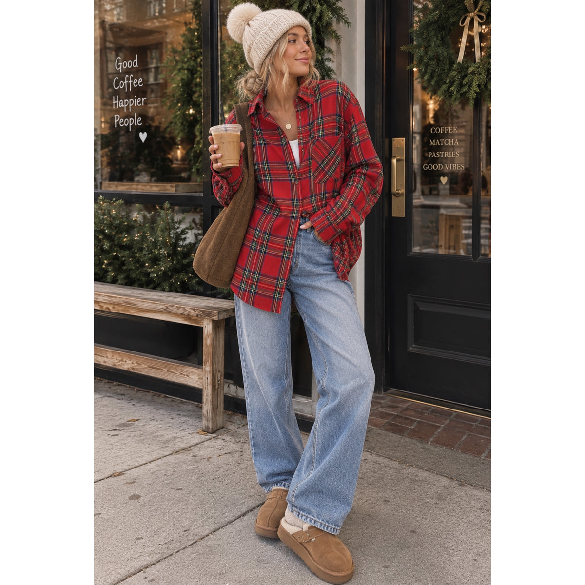 La Miel Plaid Oversized Shirt Button Front Long Sleeve in Holiday Red