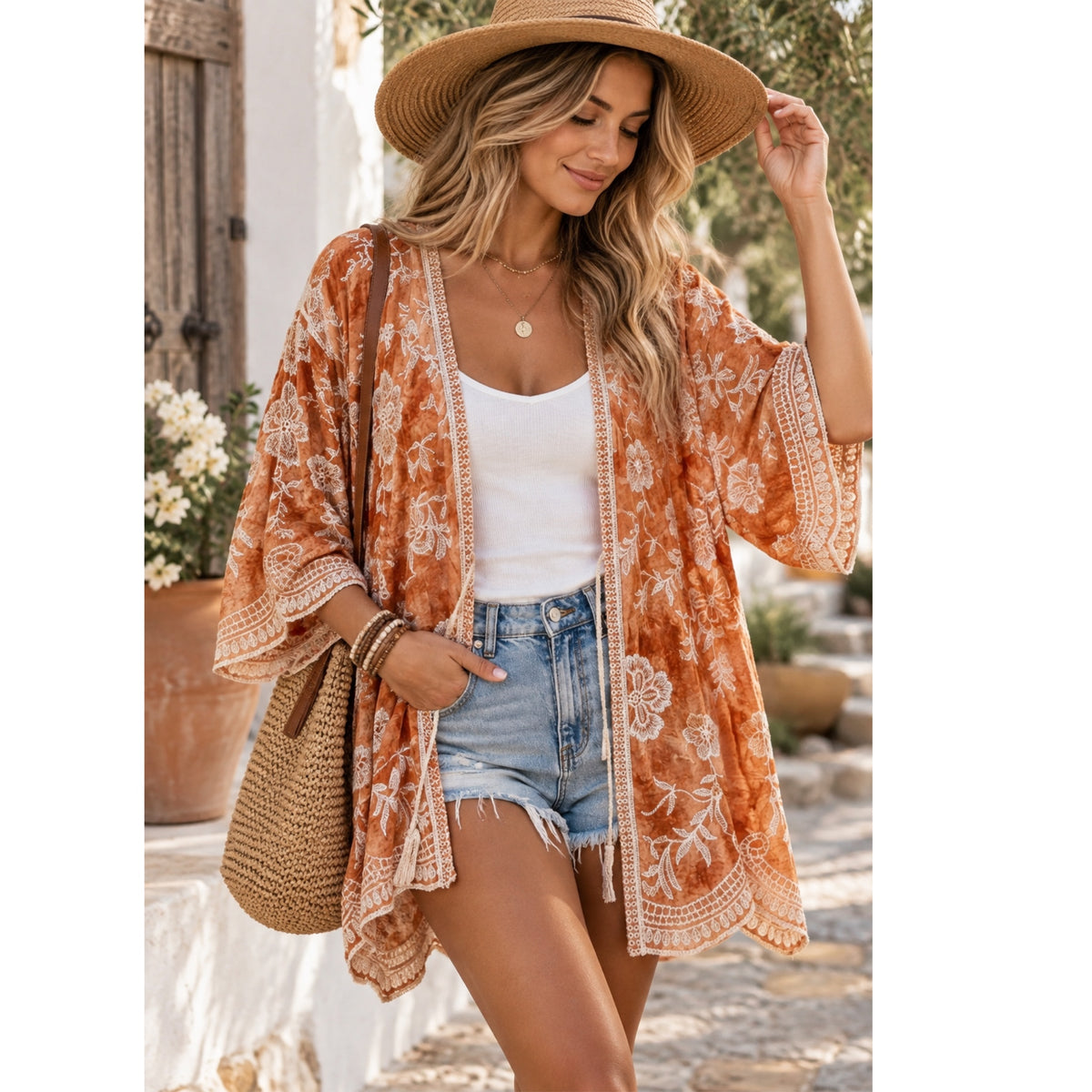 East Coast Bella Boho Embroidered Kimono Top Cover Up Layering Piece One Size