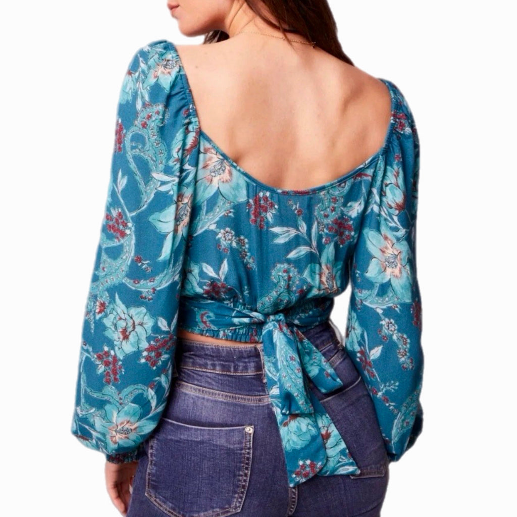 BAND OF THE FREE Sybille Teal Boho Floral Long Sleeve Crop Blouse