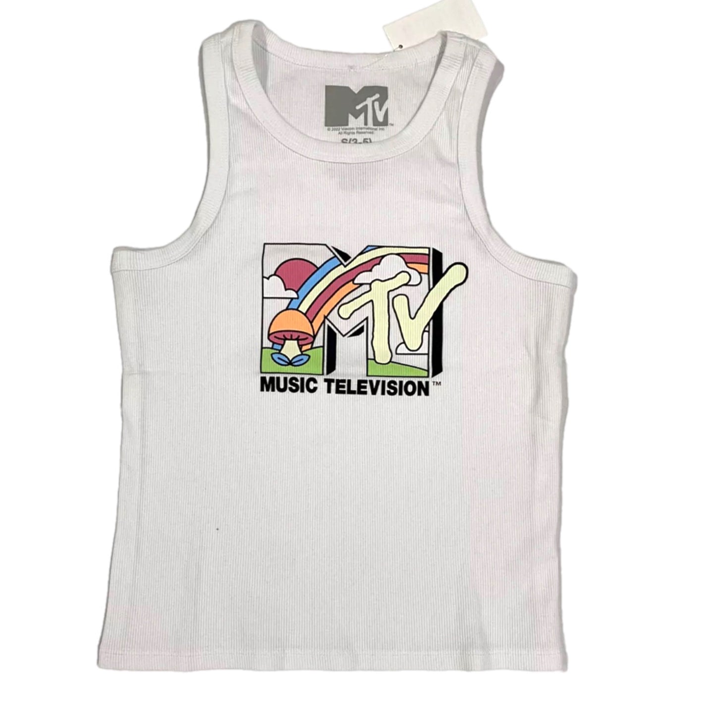 MTV Graphic White Tank Top Logo Rainbow Mushroom Design - East Coast Bella LLC