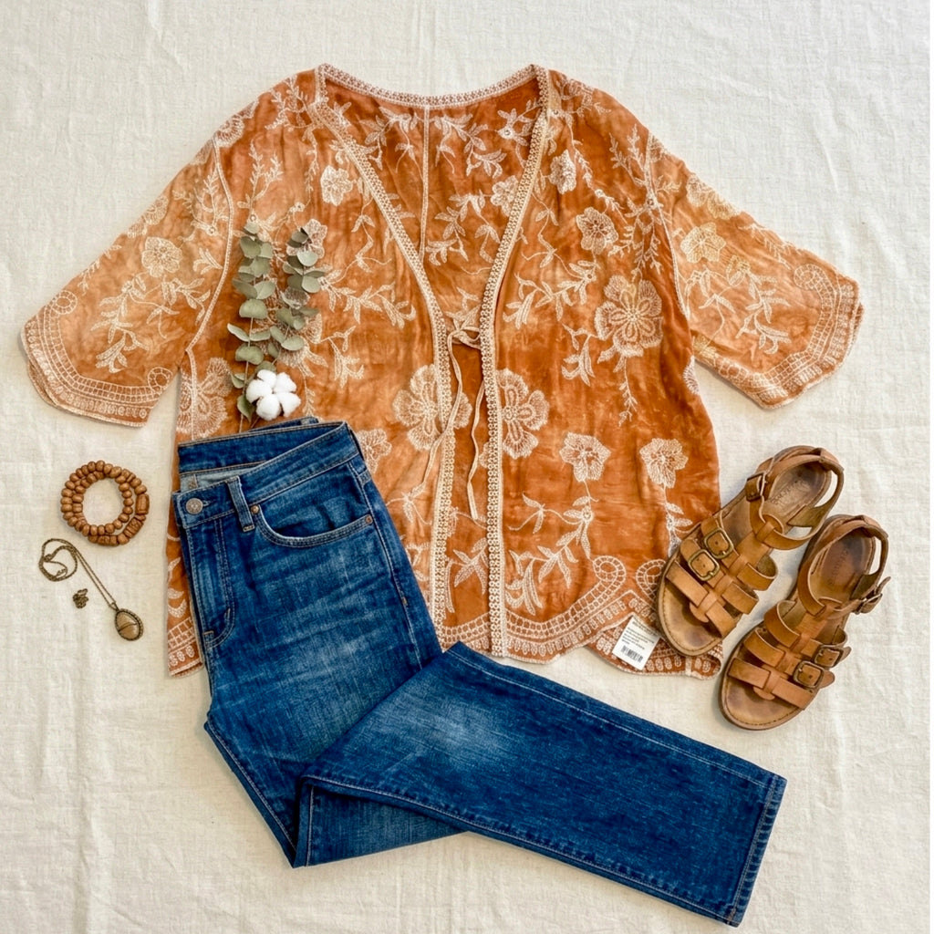 East Coast Bella Boho Embroidered Kimono Top Cover Up Layering Piece One Size