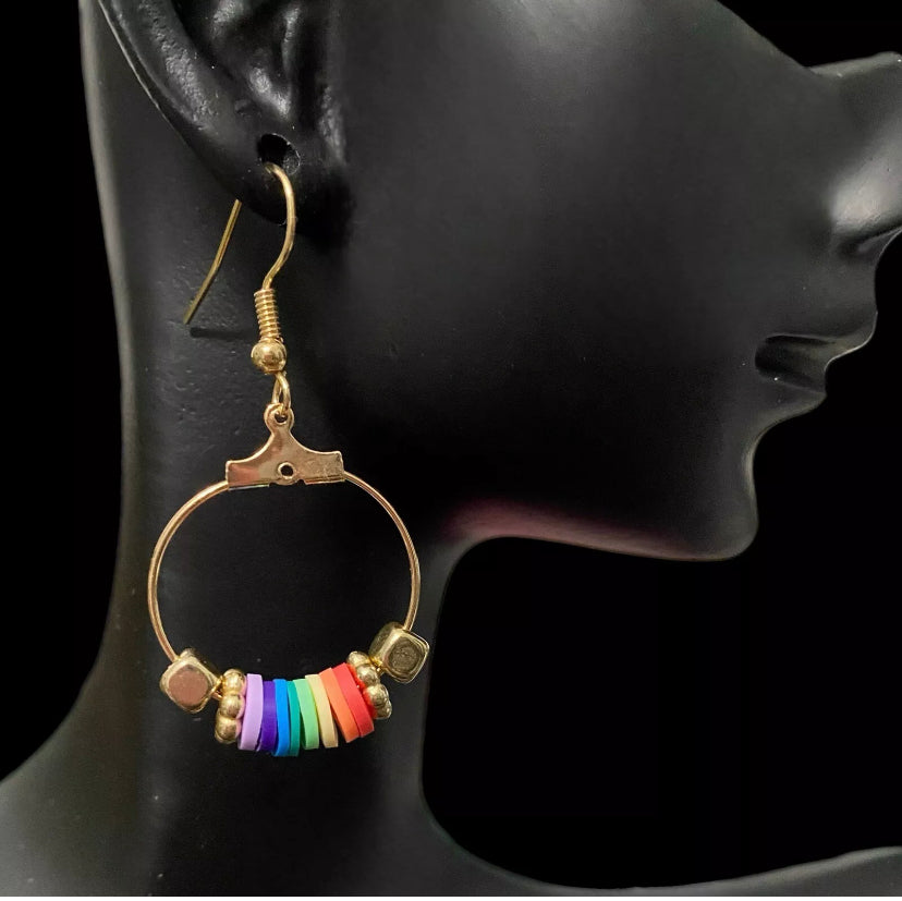 Hopeful Rainbow Gold-Tone Hoop Earrings Natural Clay Flat Beads - East Coast Bella LLC
