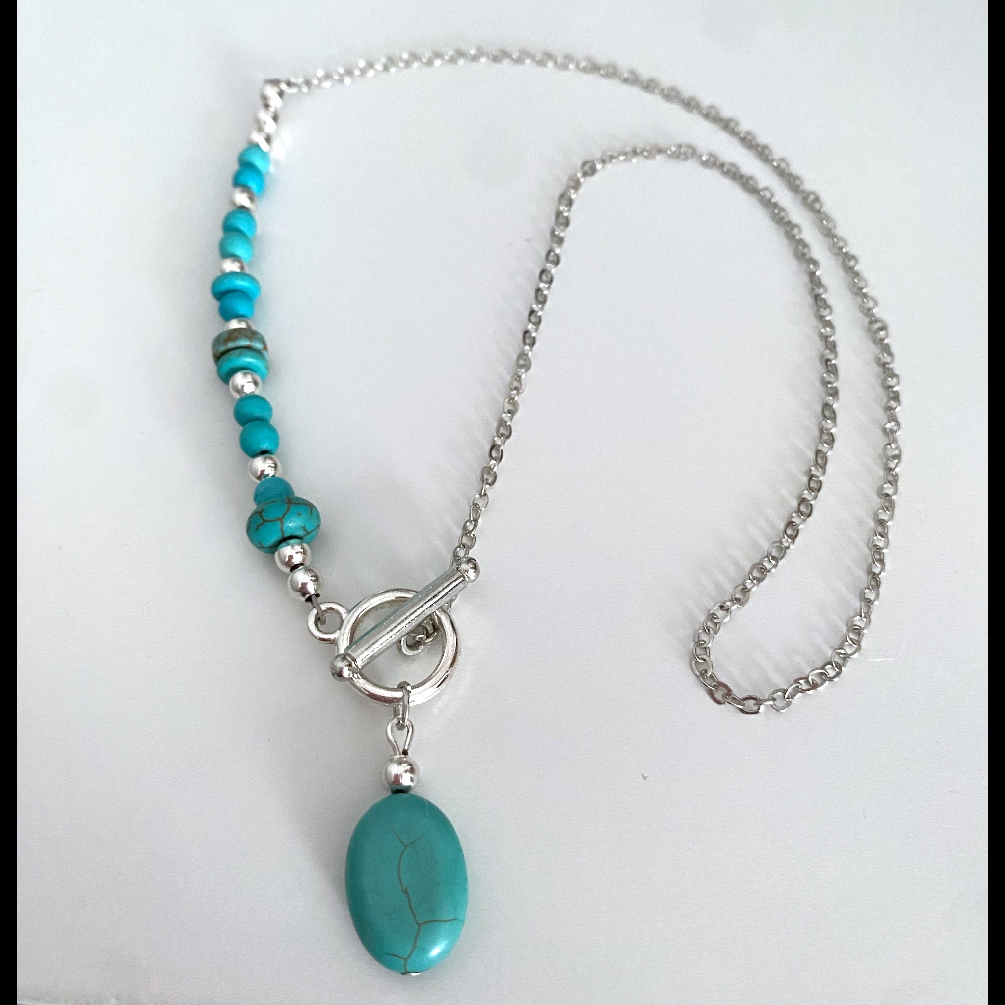 Summer Turquoise Beaded Silver Tone Chain Front Toggle Necklace 18” - East Coast Bella LLC