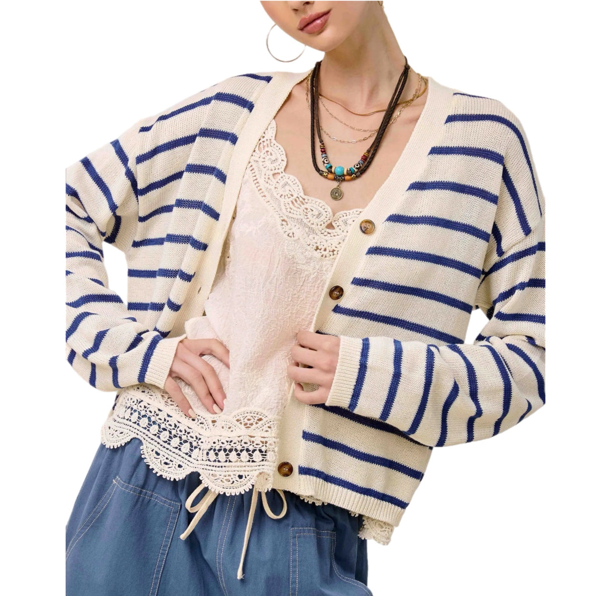 La Miel Coastal Striped V-Neck Cardigan Sweater – Cream & Navy