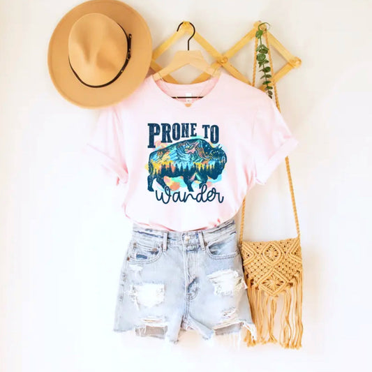 “Prone to Wander” Boho Western Bull T shirt Women’s Pink Crew Neck Tee (Size S) - East Coast Bella LLC