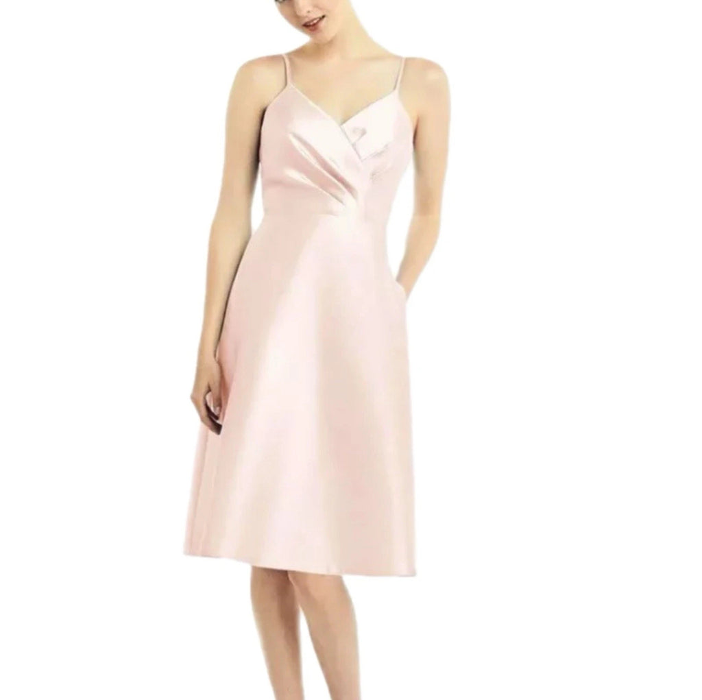 NWT ALFRED SUNG D777 Satin Twill V Neck Cocktail Dress In Blush Pink