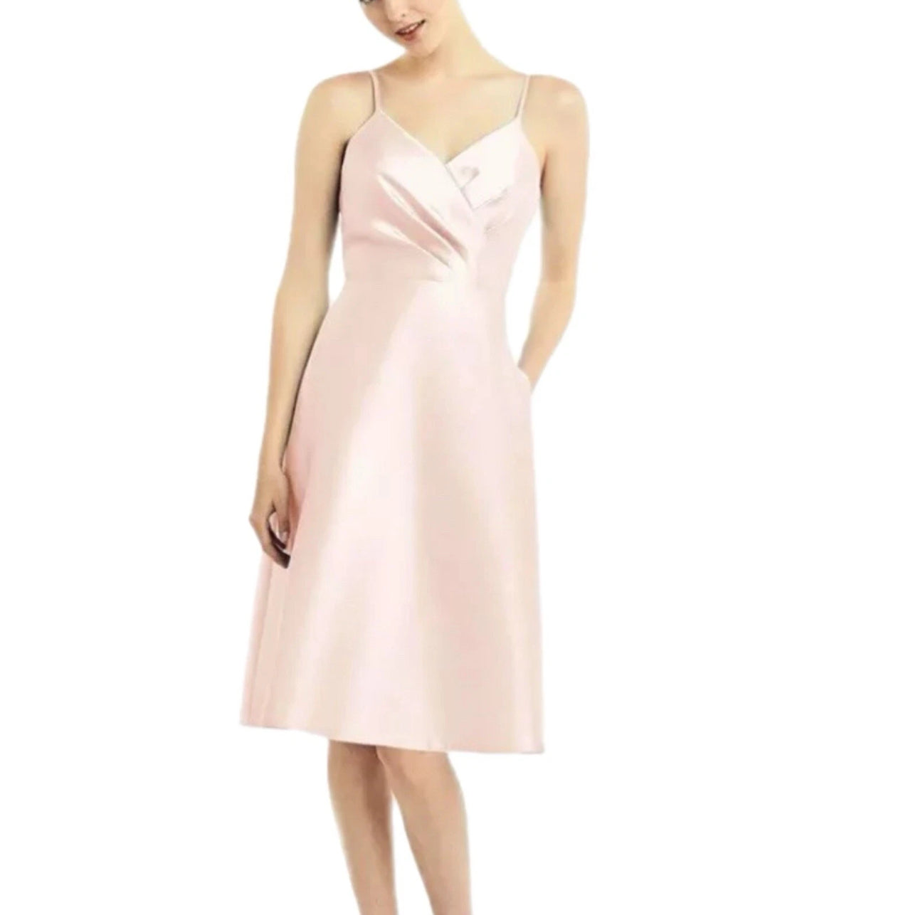 NWT ALFRED SUNG D777 Satin Twill V Neck Cocktail Dress In Blush Pink