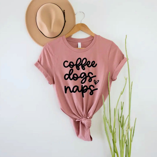 Coffee, Dogs, Naps Pink Crew Neck T Shirt Short Sleeve Cotton Tee S, M - East Coast Bella LLC