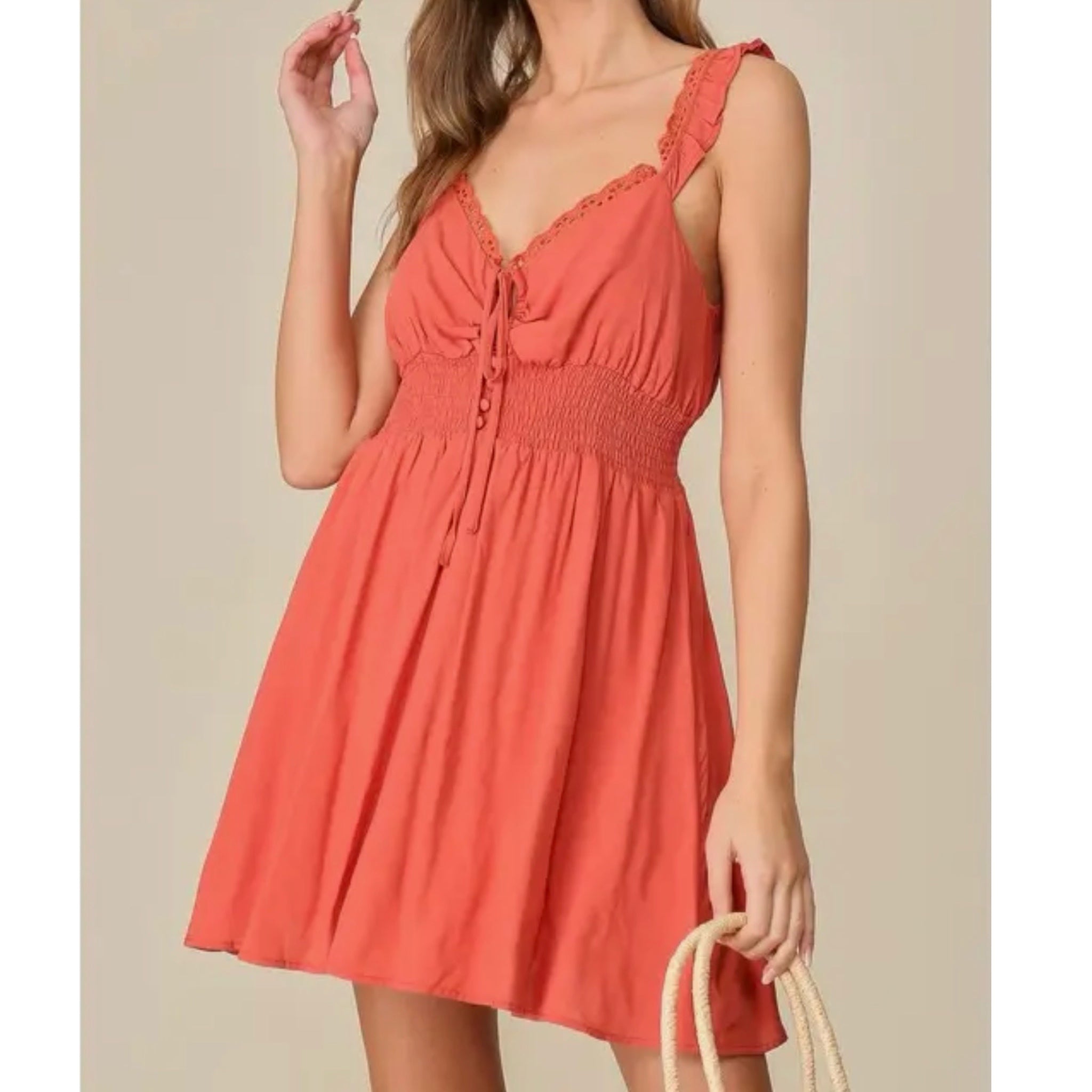 Lumiere Eyelet Ruffle Cami Dress in Coral Stretch Bodice Fit & Flare