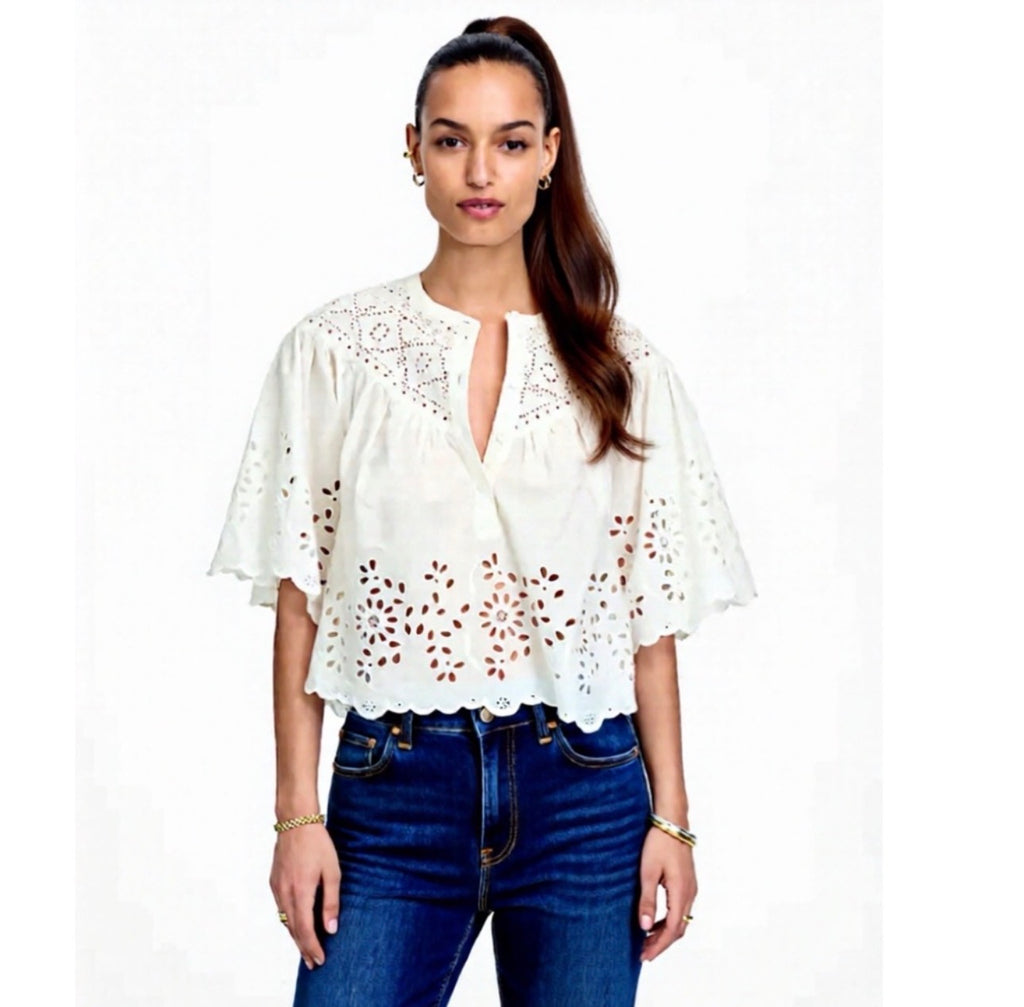 Madewell Elegant Eyelet Embroidered Blouse Swingy Top in White