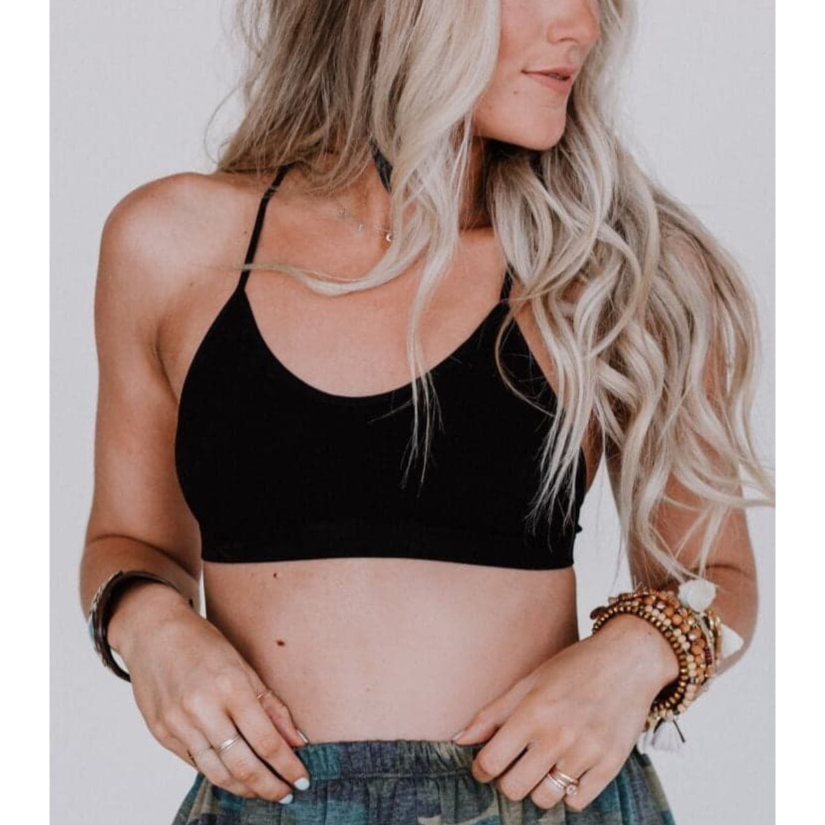 Boho Tattoo Bralette Embroidered Mesh Ribbed in Black