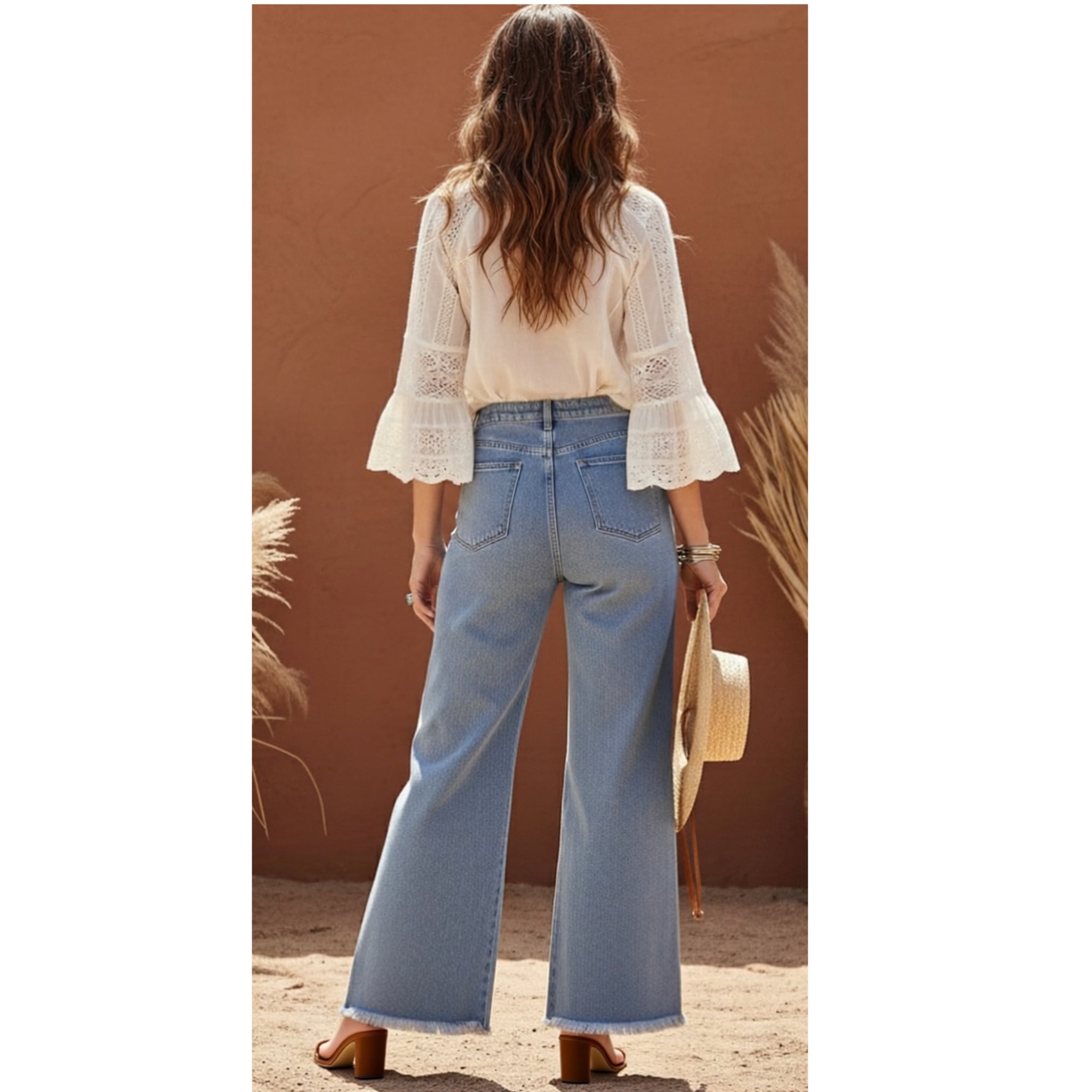 P Cill High Rise Wide Leg Jeans Light Wash Denim Raw Hem 100% Cotton