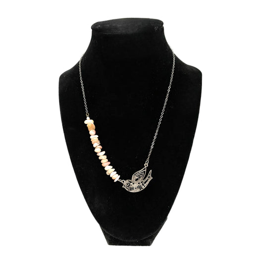 Natural Pink Opal Gemstone Chip Necklace Peaceful Bird Pendant Gun Metal Silver Plate Copper Chain 18” - East Coast Bella LLC