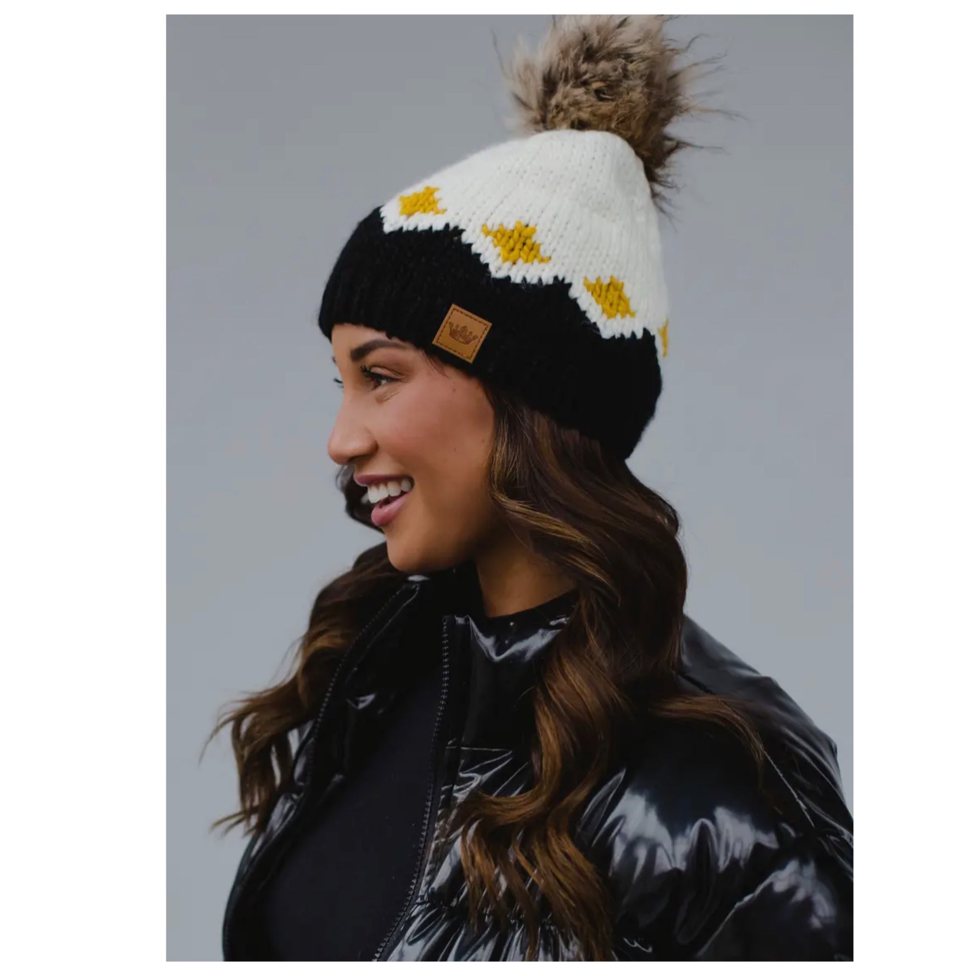 PANACHE Vegan Fur Pom Knit Hat White, Mustard & Black - East Coast Bella LLC