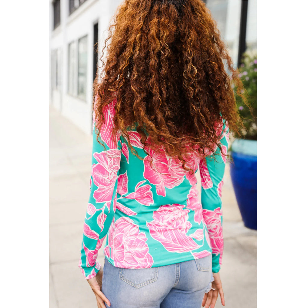Preppy Love Aqua/Pink Fitted Floral Print Top Long Sleeve