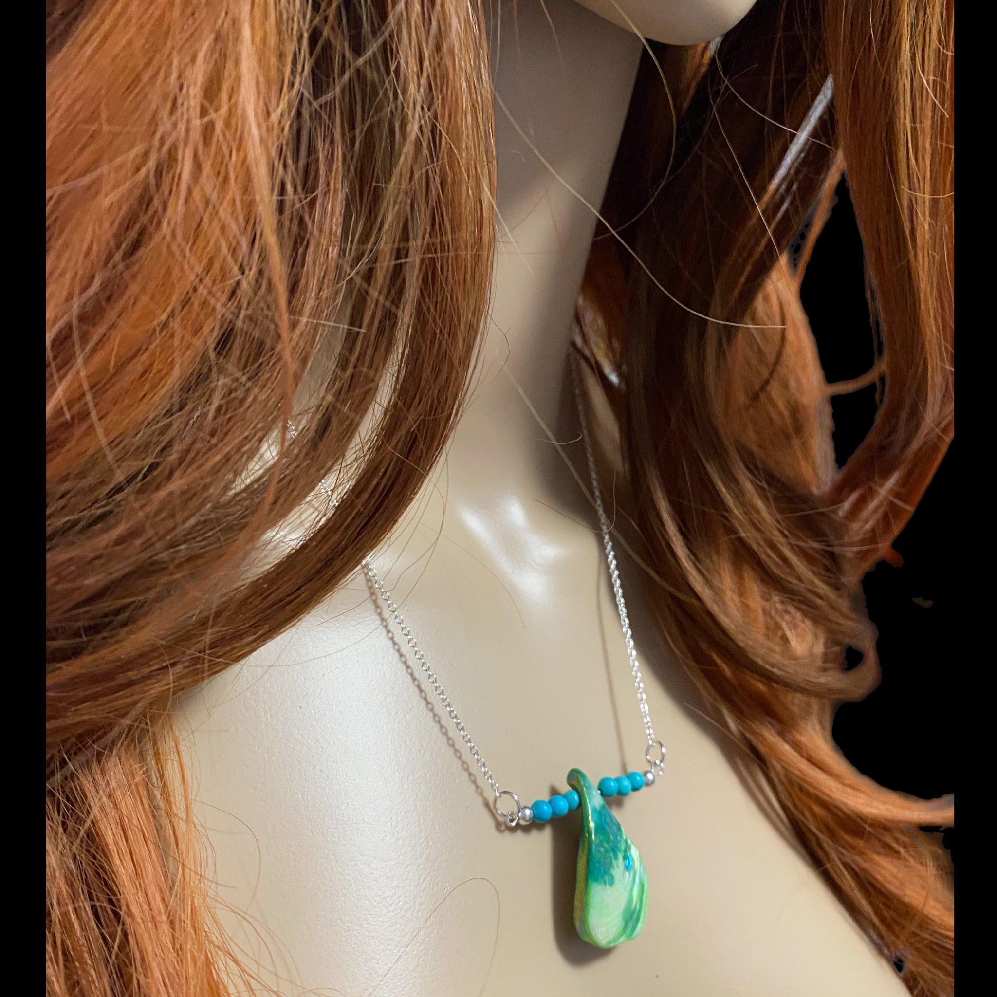 Turquoise Dream Iridescent Shell Pendant Necklace Stone Beads 925 Sterling Silver Plated