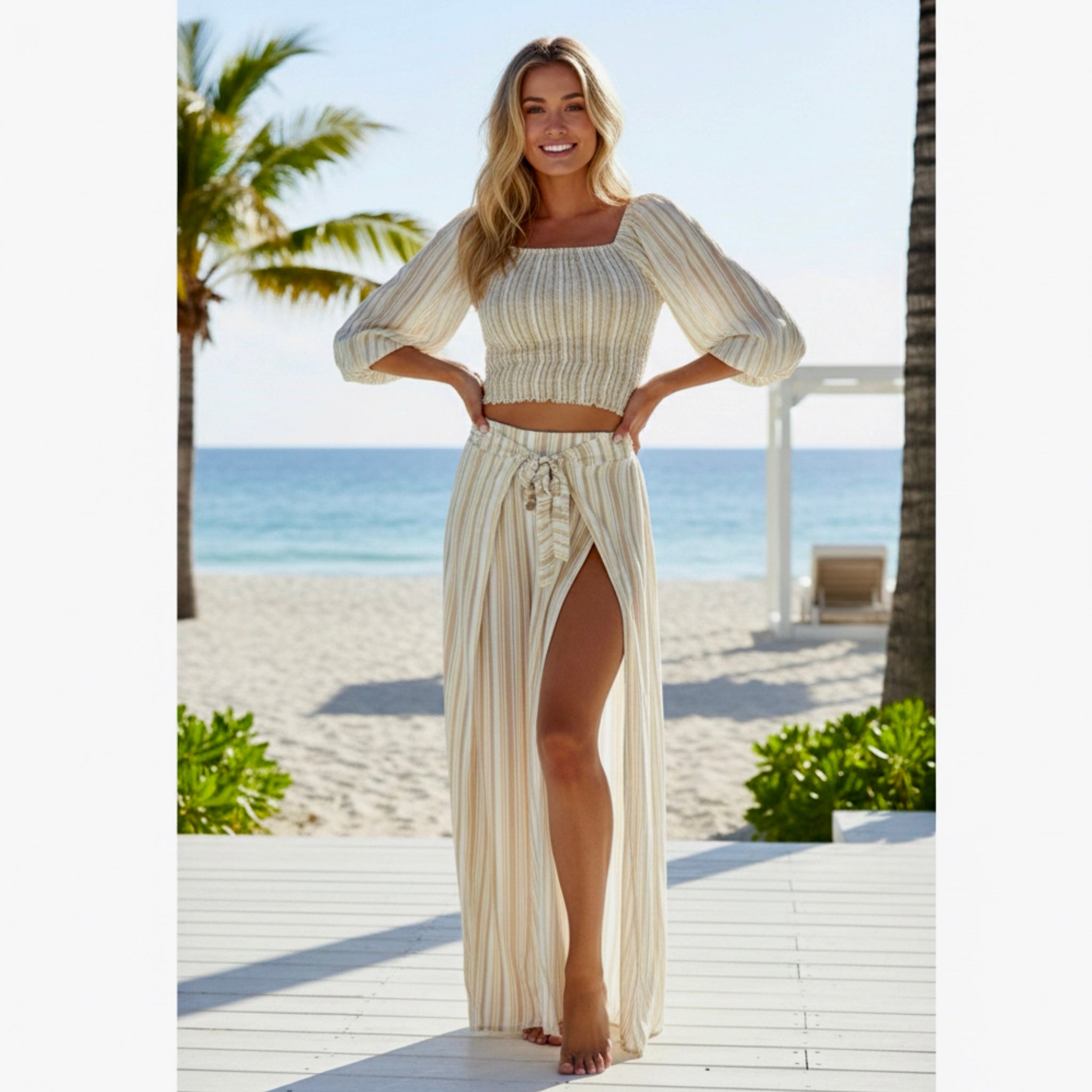 Peixoto Resort-wear Set Wide Leg Pant & Crop Top Coastal Sunset Stripe