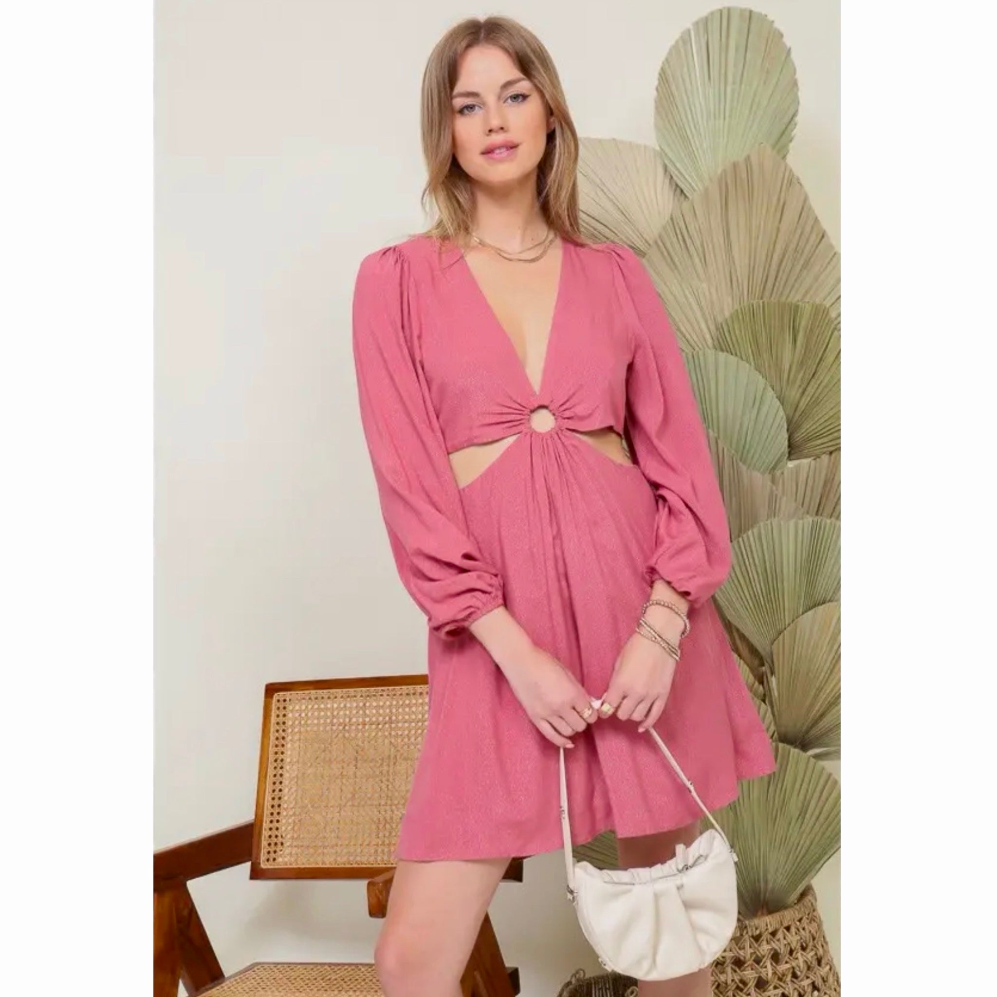 LUMIERE Ring Accent Cut-Out Mini Dress in Rose Sparkle