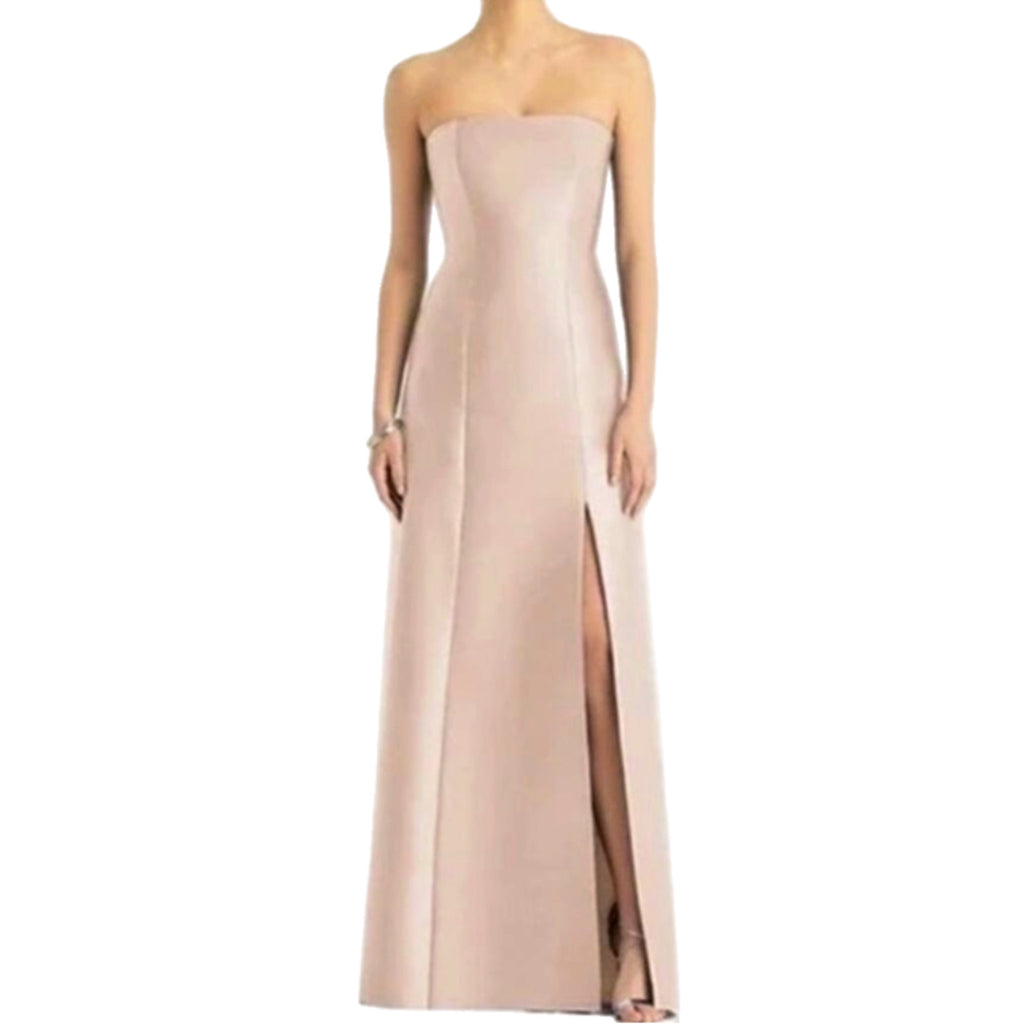 ALFRED SUNG Strapless Satin Gown Formal Dress Side Slit D764 Cameo Pink