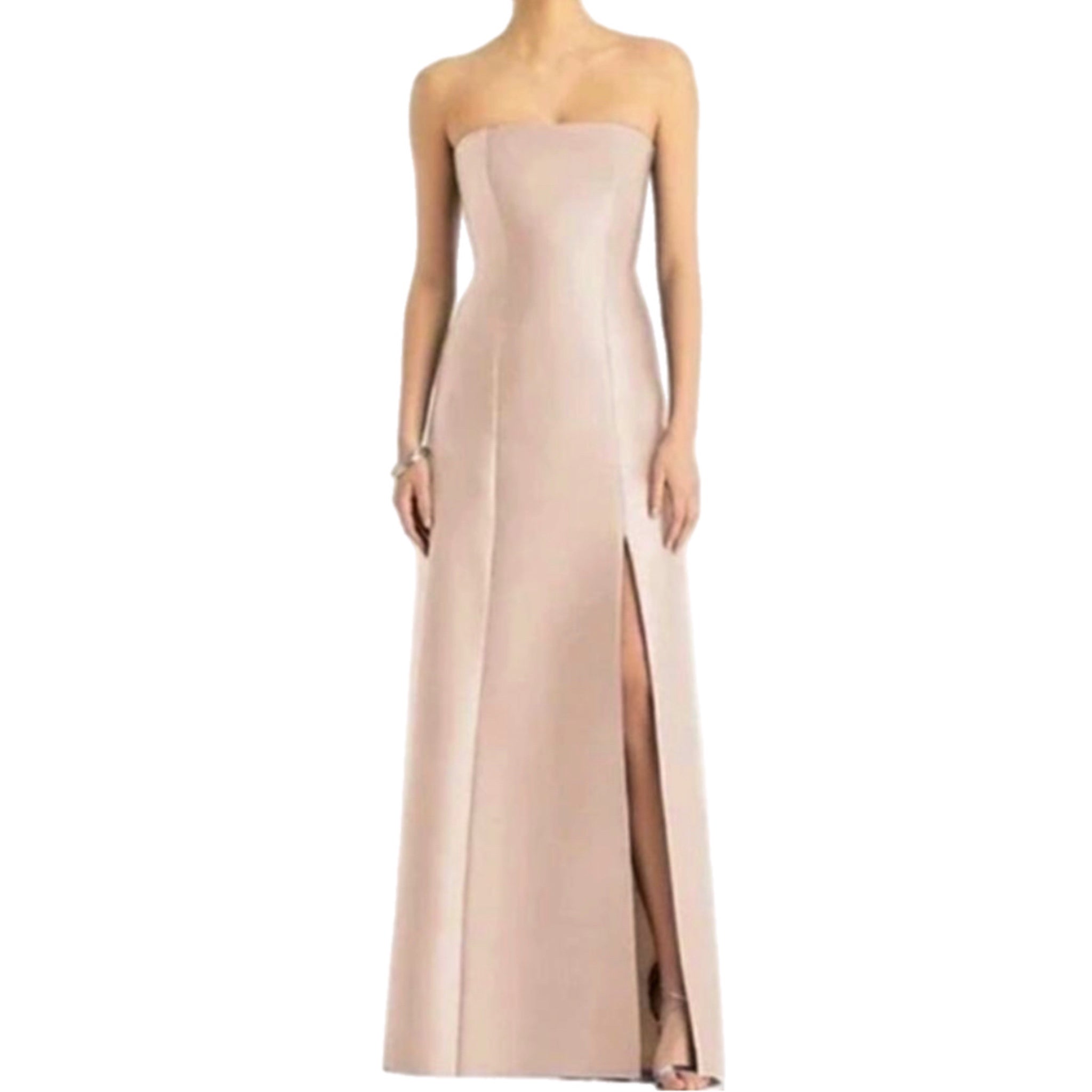 ALFRED SUNG Strapless Satin Gown Formal Dress Side Slit D764 Cameo Pink