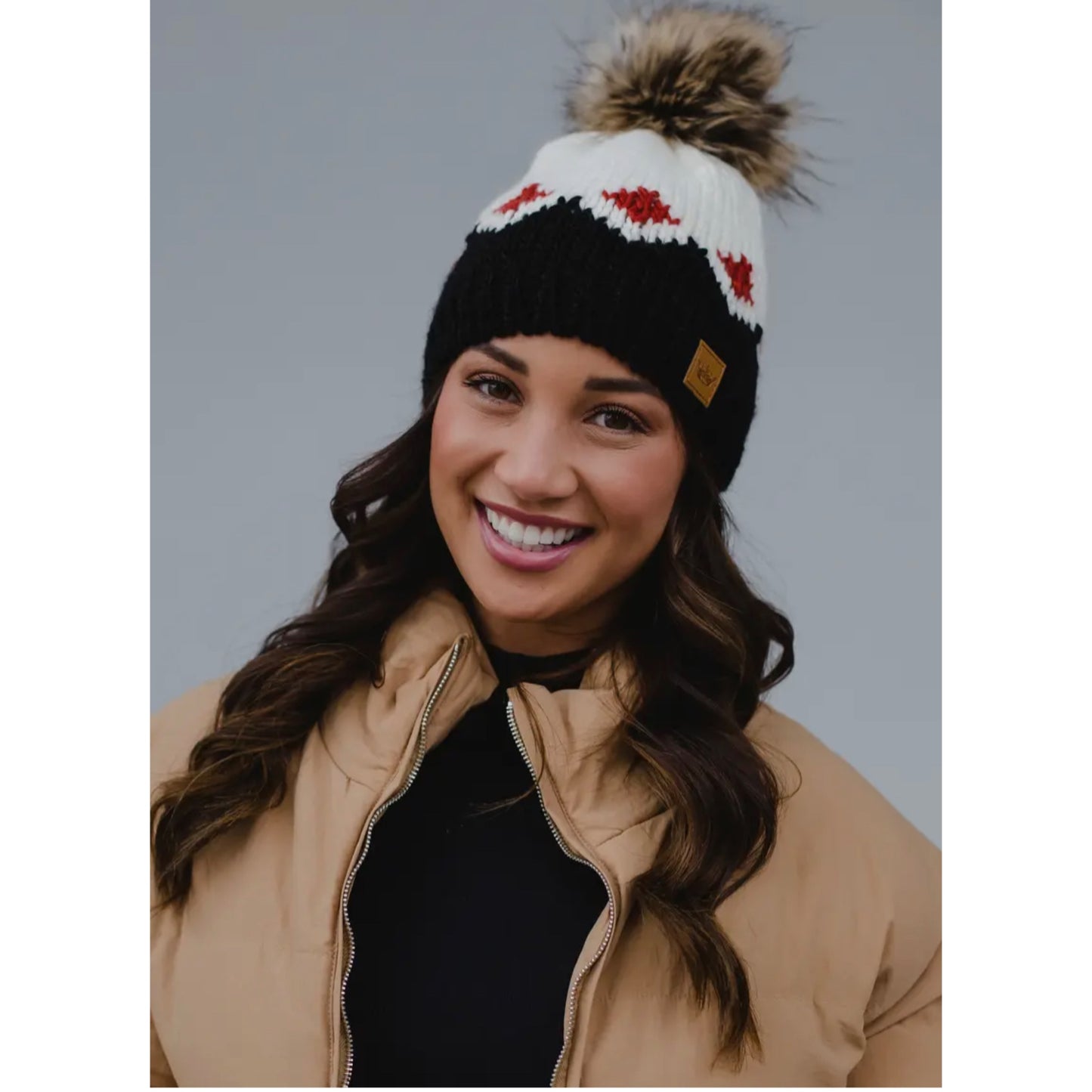 PANACHE Vegan Fur Puff Knit Hat in White, Rust & Black Pattern - East Coast Bella LLC