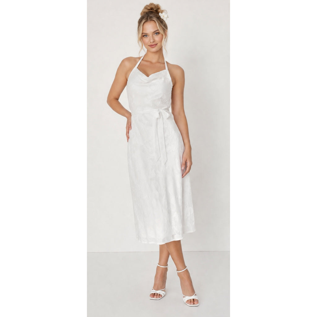 New Lulus Graceful White Floral Jacquard Halter Elegant Midi Dress