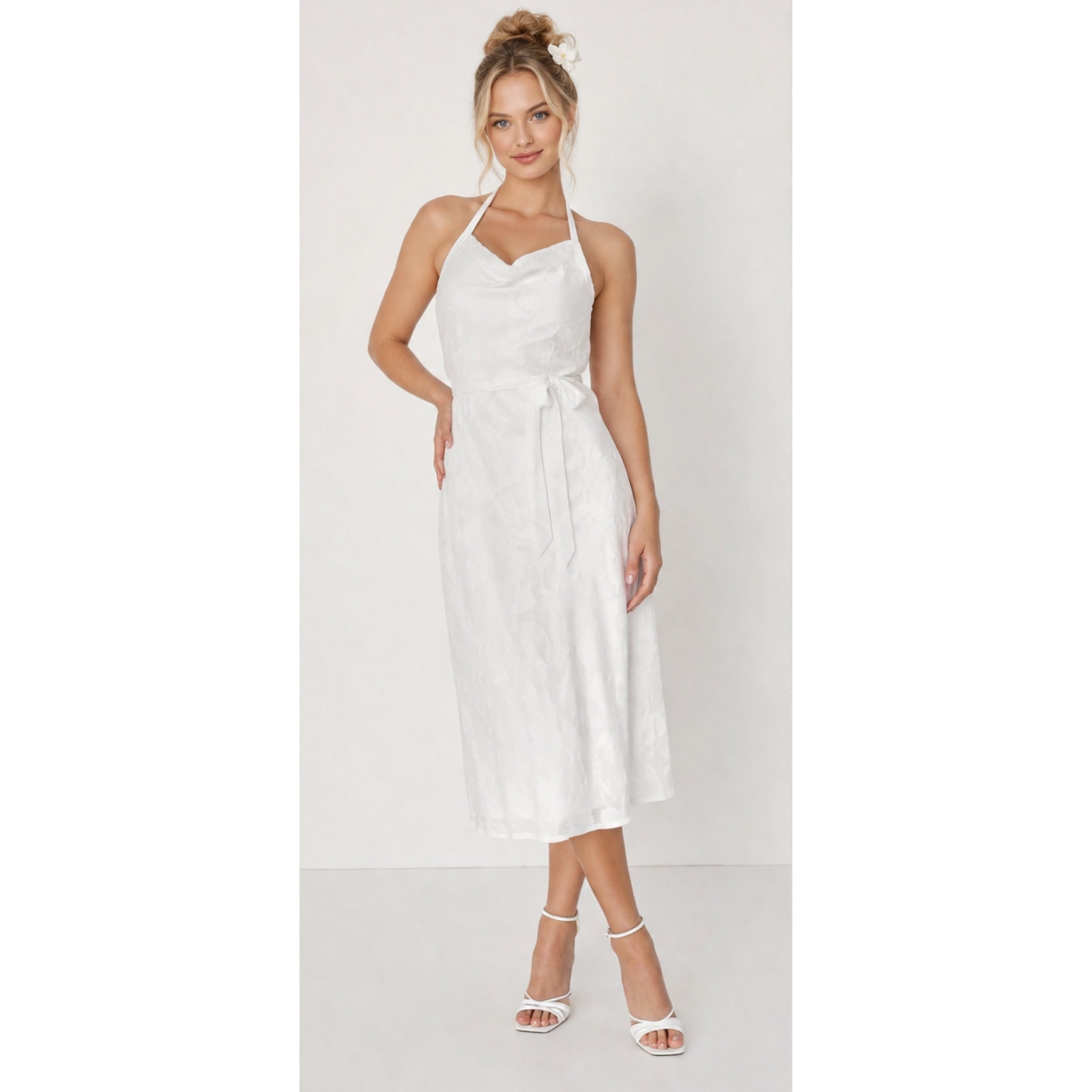 New Lulus Graceful White Floral Jacquard Halter Elegant Midi Dress