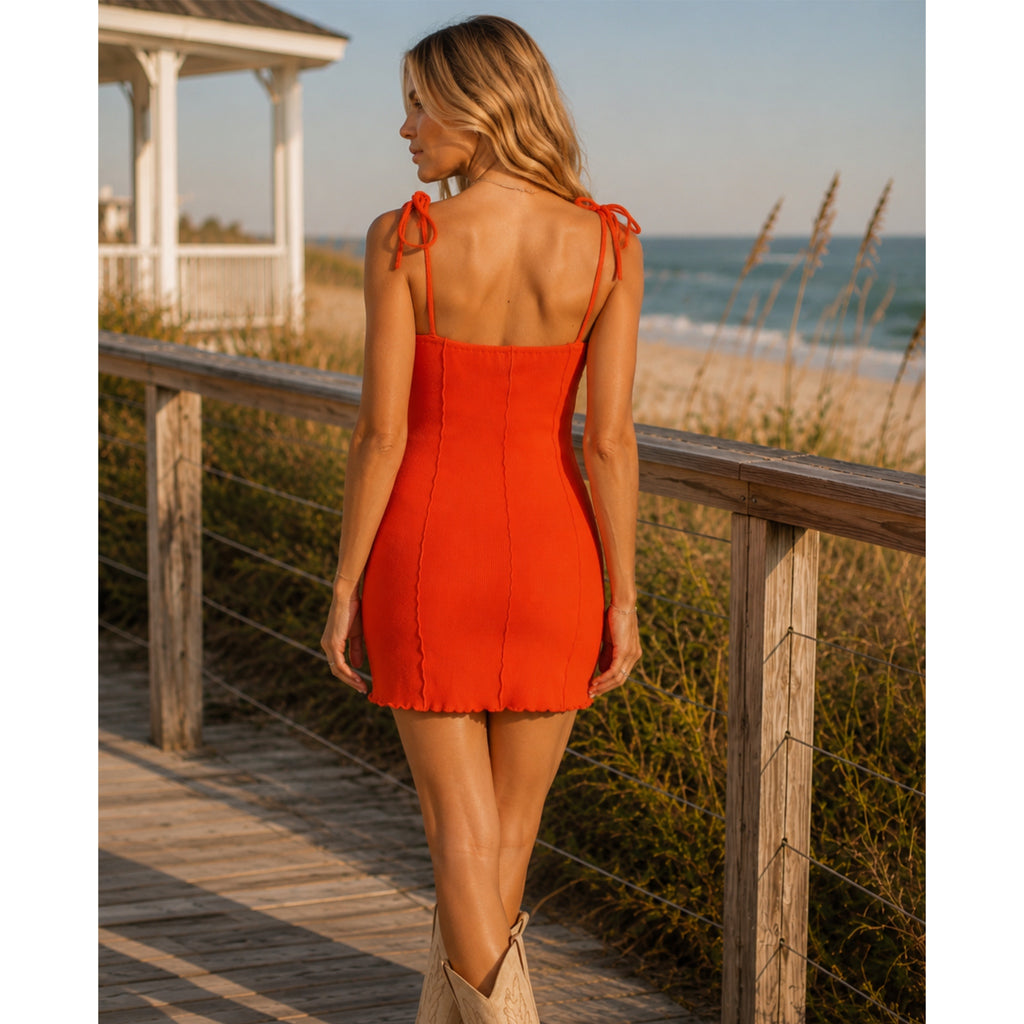 LUMIERE Twist Front Dress Ribbed Knit Mini Tie Strap in Tomato Red