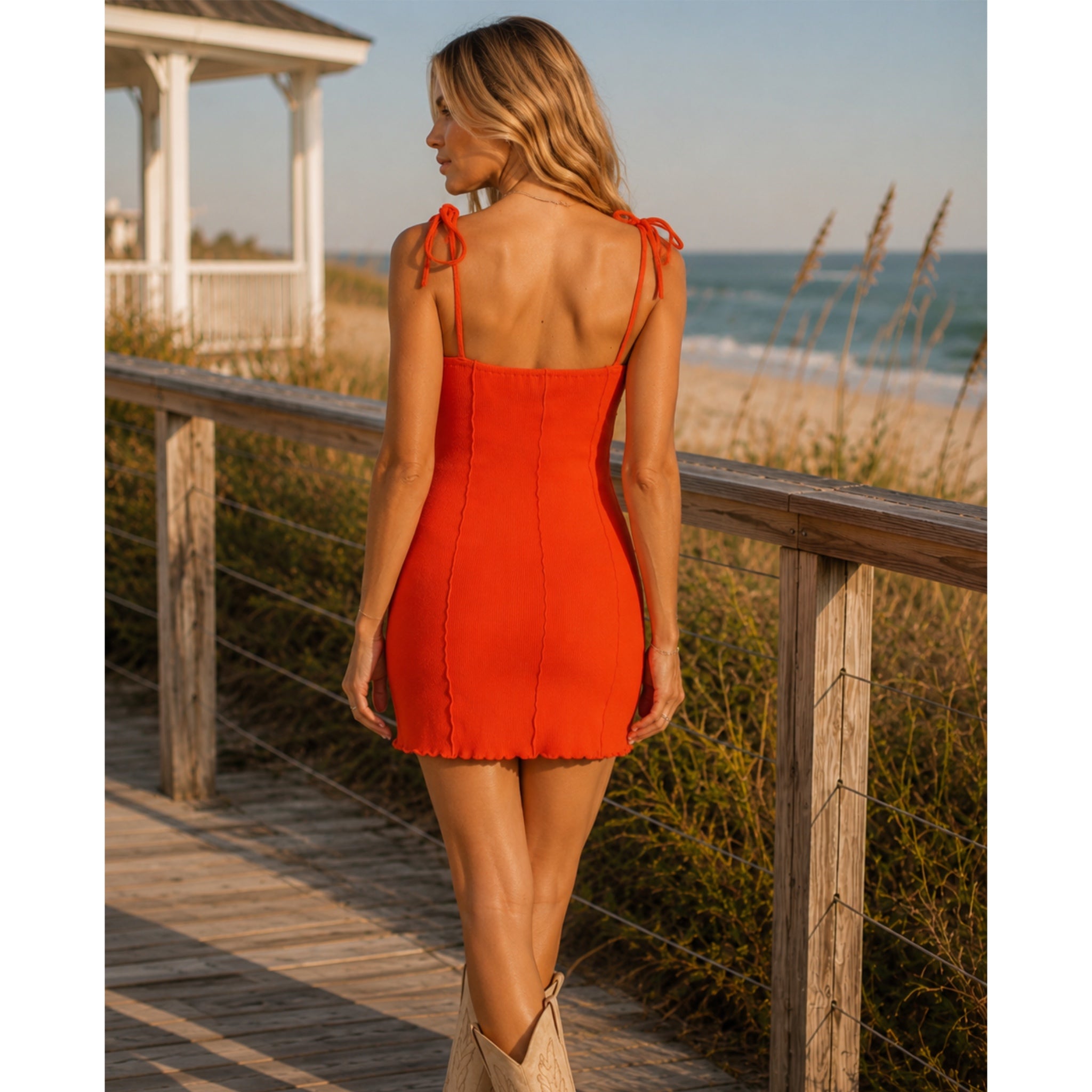 LUMIERE Twist Front Dress Ribbed Knit Mini Tie Strap in Tomato Red