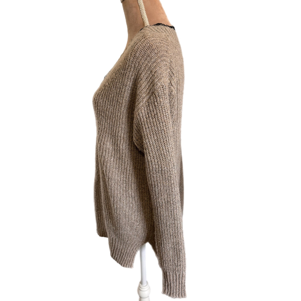 La Miel Boho Heather Beige Lace Trim V-Neck Ribbed Knit Sweater