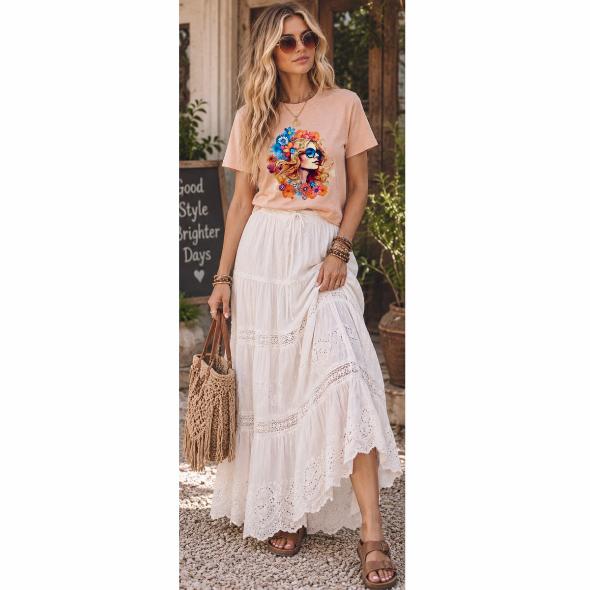 Boho Vintage 70s Style Lady in Flowers Graphic Tee Shirt in Beige Pink