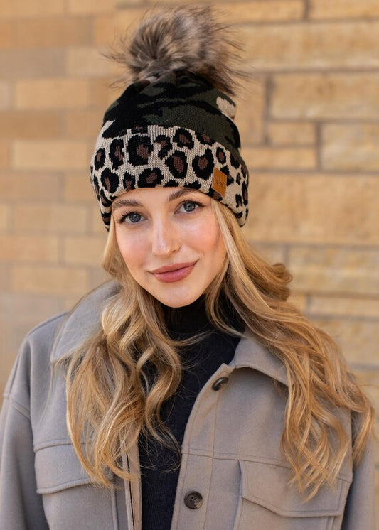 PANACHE Vegan Fur Puff Pom Knit Hat, Fleece Lined, Green Camo Leopard Print Trim Accent - East Coast Bella LLC
