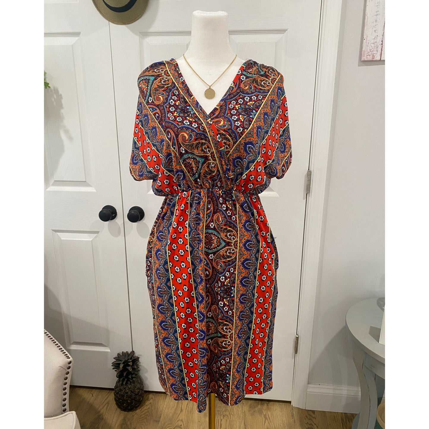 HAPTICS By HOLLY HARPER Sunset Orange Boho Paisley Surplice V Neck Pocketed Dress - East Coast Bella LLC