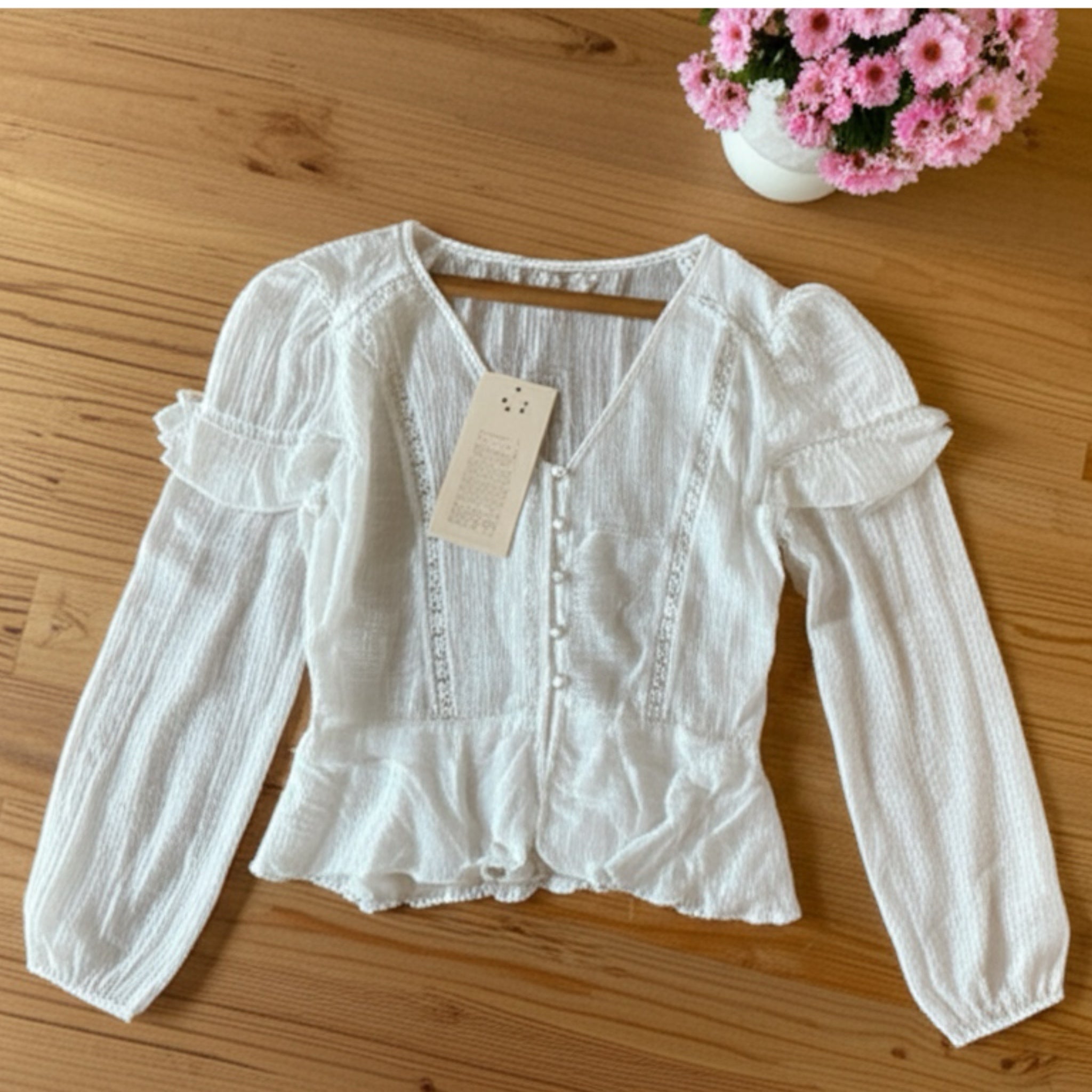 B.O.G. Collective Sandy Cream Ruffle Long Sleeve Button Blouse Lace Inlets
