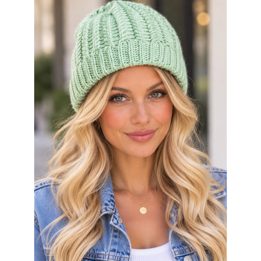 Mint Green Pique Rib Knit Beanie – Cozy Textured Winter Hat