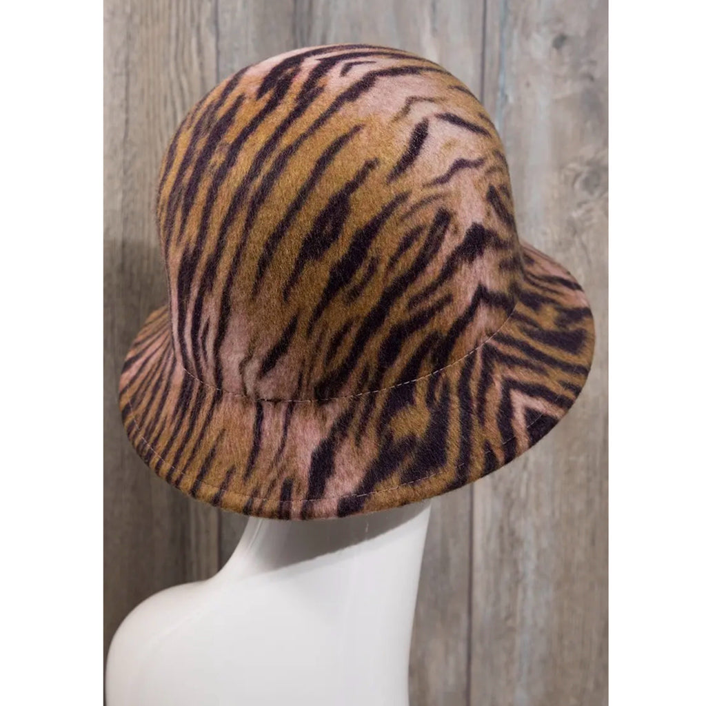 100% Wool Tiger Print Cloche Hat in Brown Black Animal Print