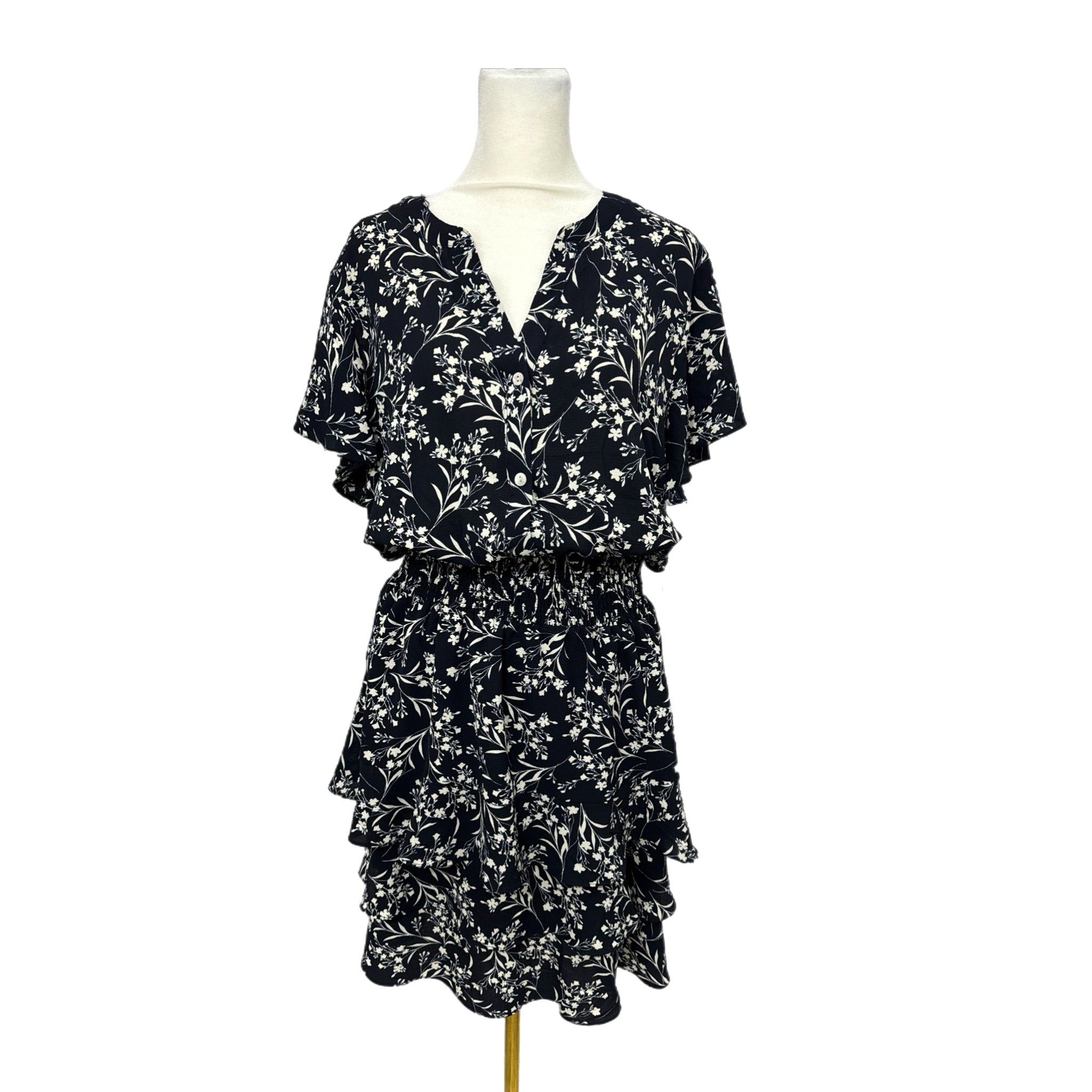 KATE & LILY Navy Floral Ruffle Dress Women’s Short Sleeve Button Front