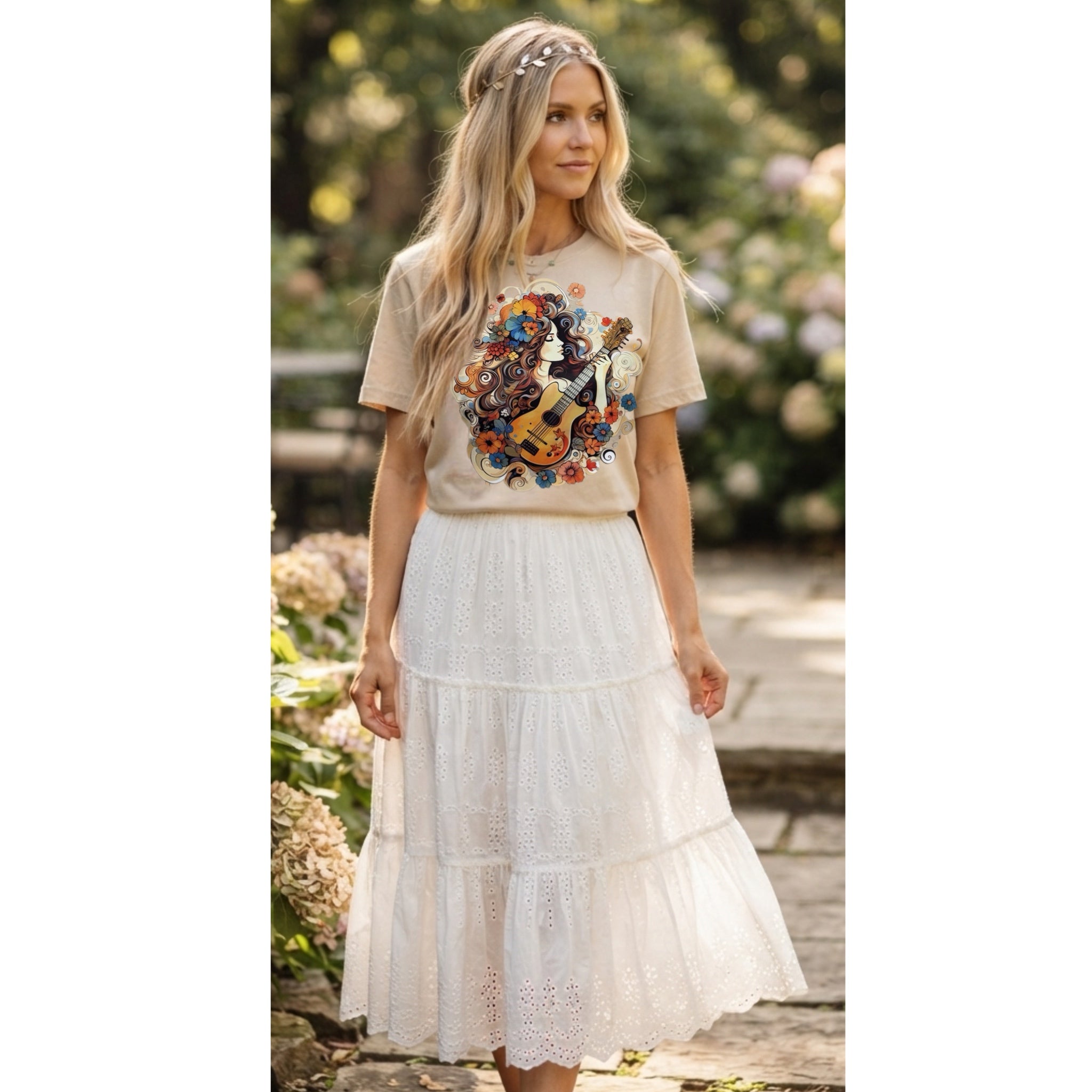 Boho Floral Guitar Girl Vintage Aesthetic Graphic Tee Shirt in Beige