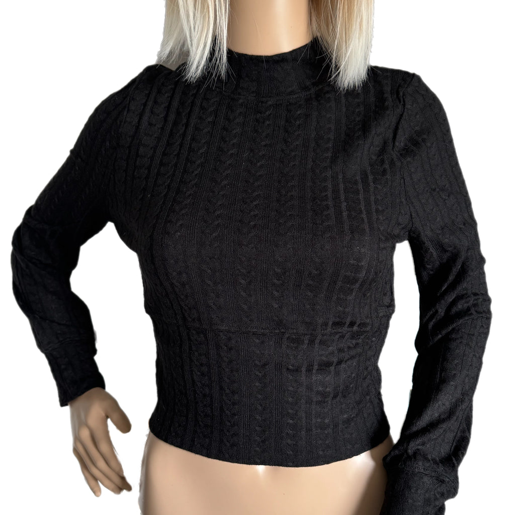 BAND OF THE FREE BOG Raquel Cable Knit Long Sleeve Black Knit Top