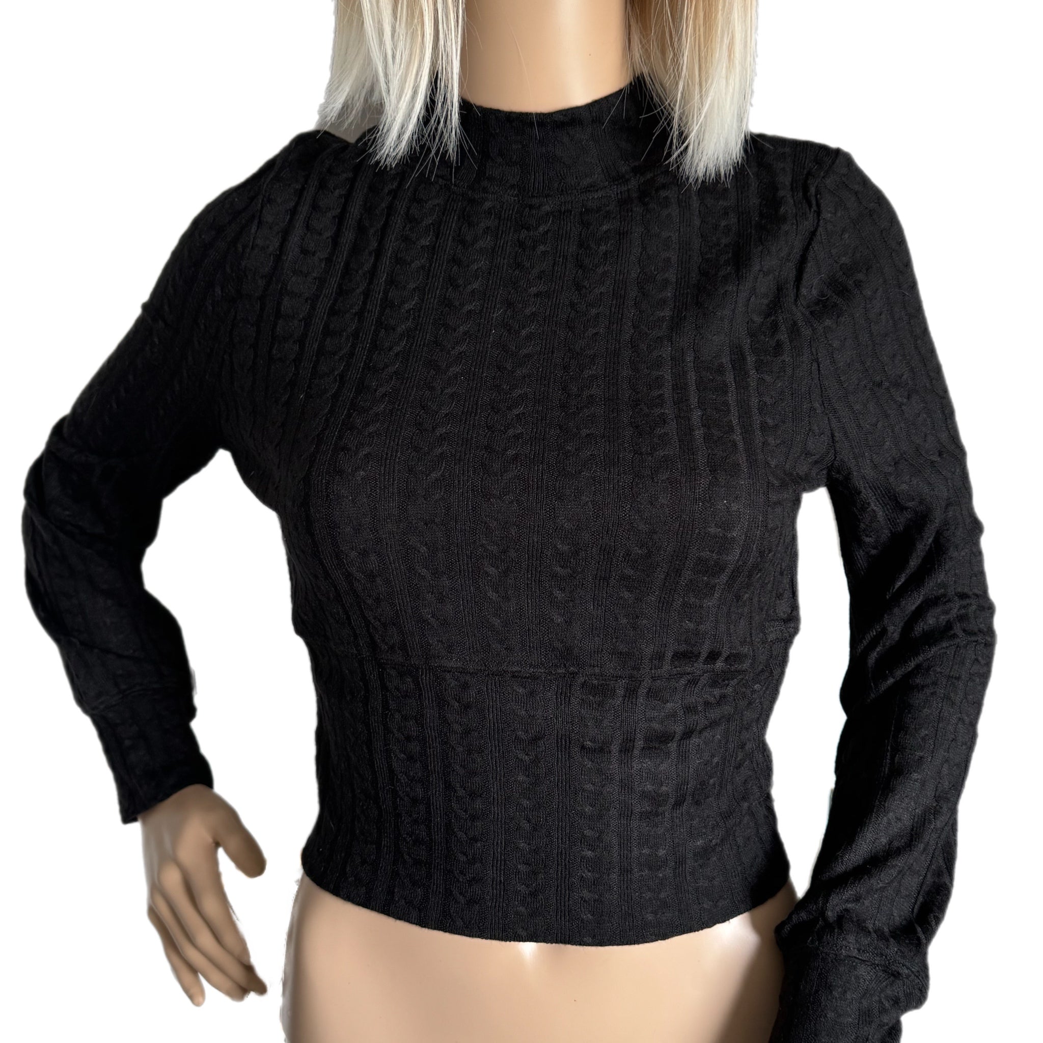 BAND OF THE FREE BOG Raquel Cable Knit Long Sleeve Black Knit Top
