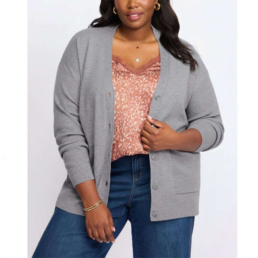 BOBEAU Button Front Cardi Pocketed Preppy Sweater in Gray Plus Size