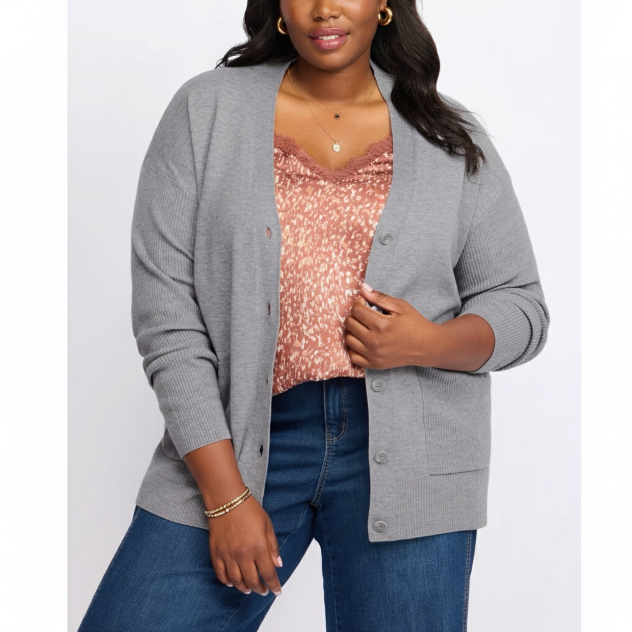 BOBEAU Button Front Cardi Pocketed Preppy Sweater in Gray Plus Size
