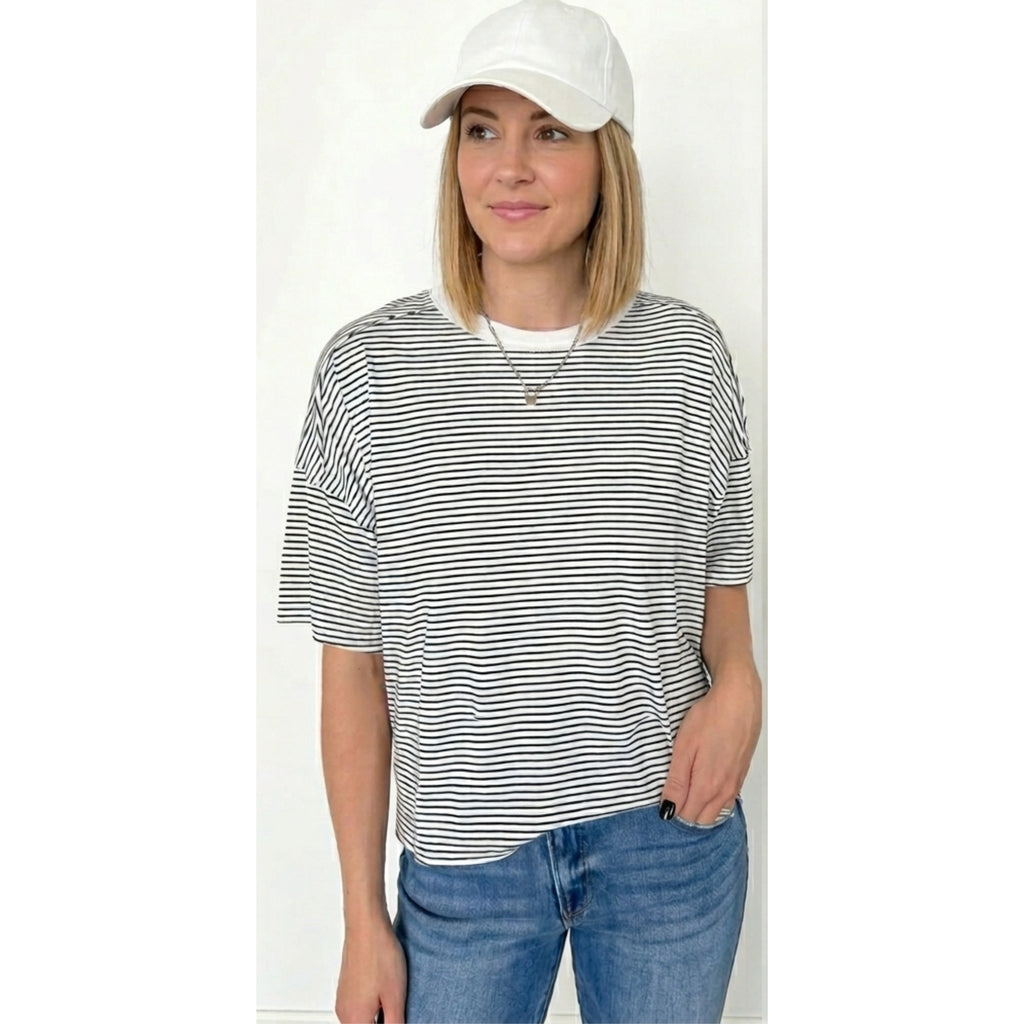 LA MIEL The Coastal Shoreline Boxy Tee in White Summer Stripe