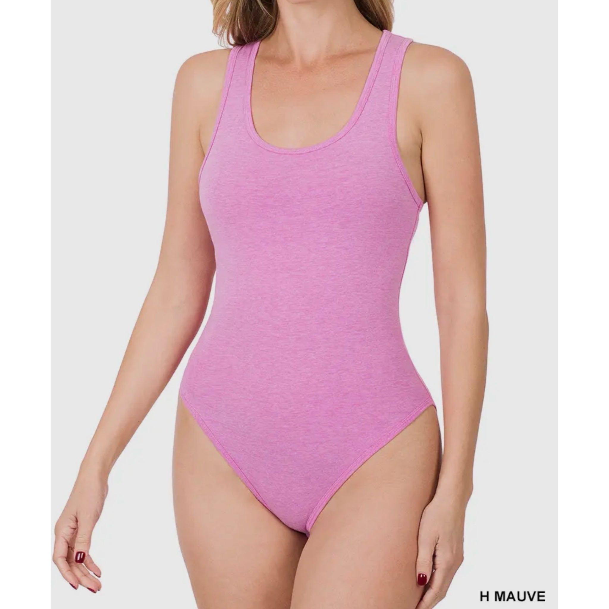 Racerback Bodysuit Cotton Spandex Snap Closure in Mauve Pink